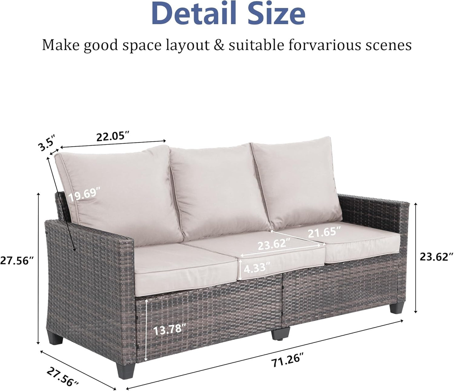 All Weather Patio Sofa, 3 Seat Outdoor Couch with High Back and Thick Cushions,Outdoor Sofa Furniture with Premium Wicker for Garden, Backyard, Porch,Beige