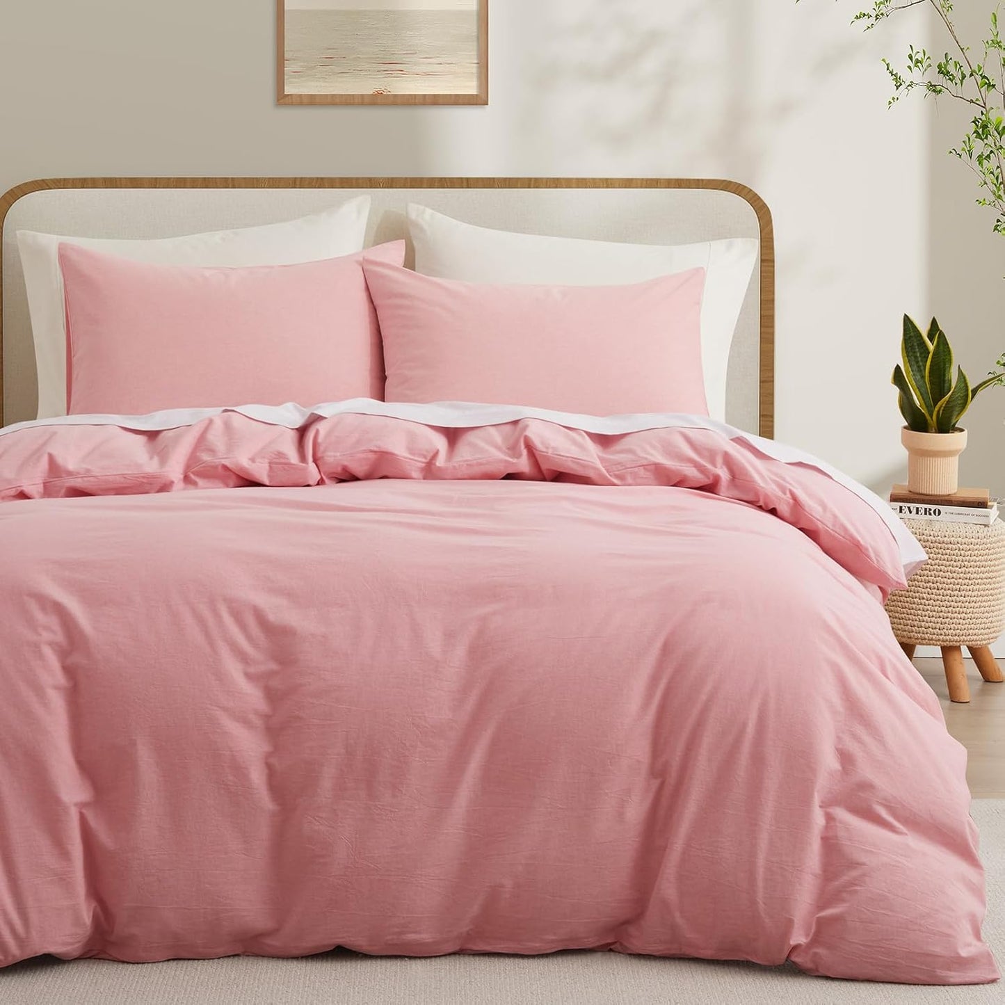 LOVQUE 100% Washed Cotton Duvet Cover Queen Size, White Linen Like Breathable Natural Bedding Set (No Comforter), 90x90 Inches