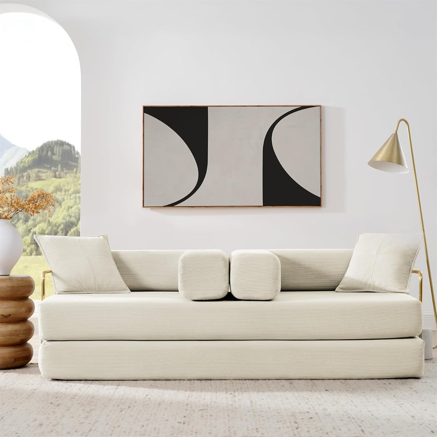 Convertible Sleeper Sofa Bed, Corduroy Folding Sofa Bed with Fixed-Shape Frame, Fold Out Floor Mattress Couch, Lazy Compression Sofa for Living Room, Bedroom, No Assembly Required, Beige