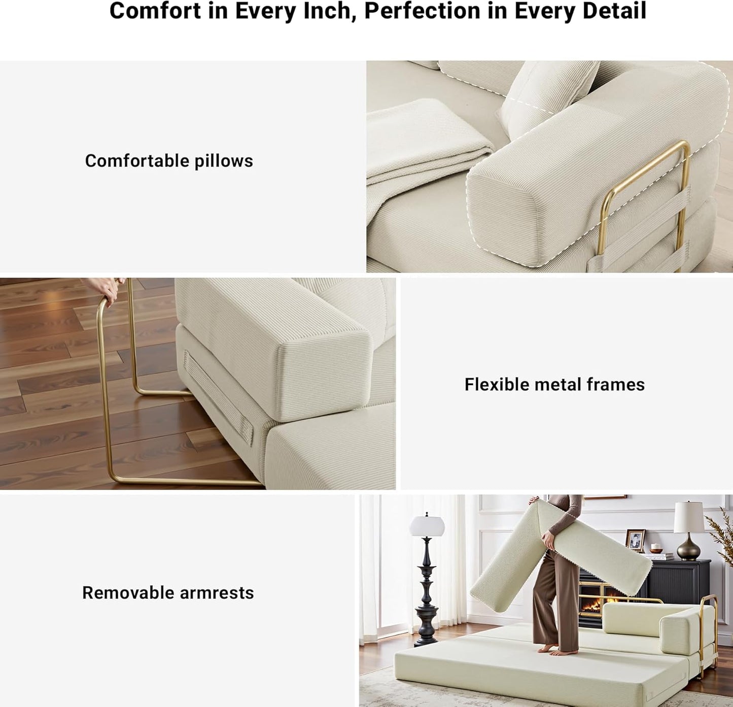 Convertible Sleeper Sofa Bed, Corduroy Folding Sofa Bed with Fixed-Shape Frame, Fold Out Floor Mattress Couch, Lazy Compression Sofa for Living Room, Bedroom, No Assembly Required, Beige
