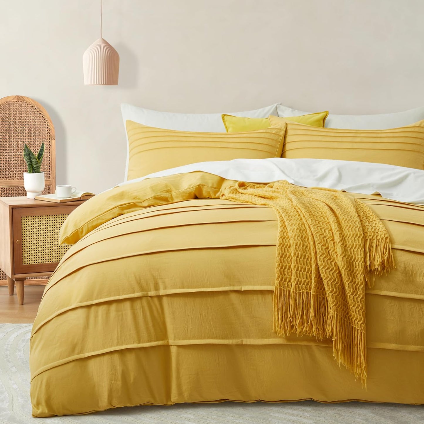Oli Anderson Beige Duvet Cover Queen Size - Pleated Queen Duvet Cover, 3PCS Soft and Breathable Textured Bedding Set with Zipper Closure(Beige,90"x90")