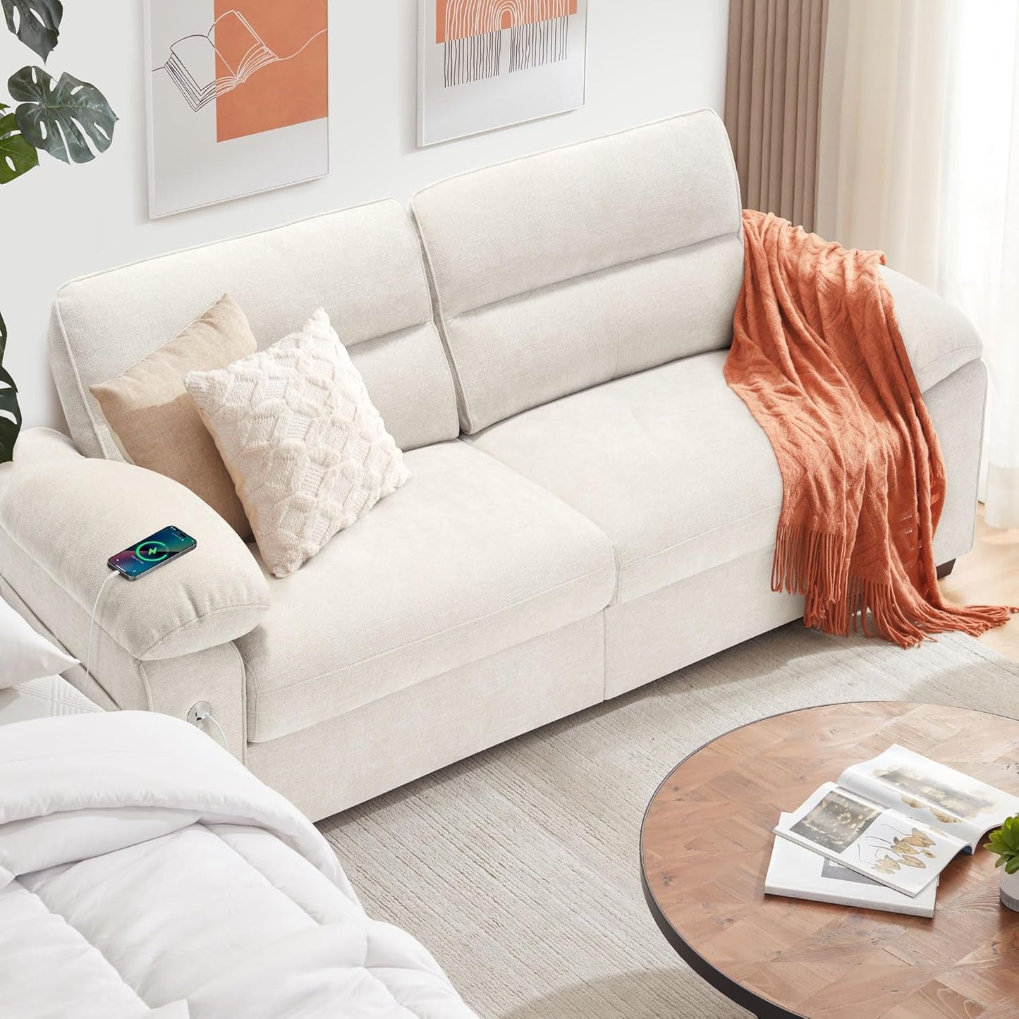 Ihanherry Modern Sofas 2-Seater Couches for Living Room, Chenille Sofas with Extra Large Seat Width & Depth, USB/Type-C Charging Port & Side Pocket, Removable Medium Firm Sofa Cushion(89inch, Brown)