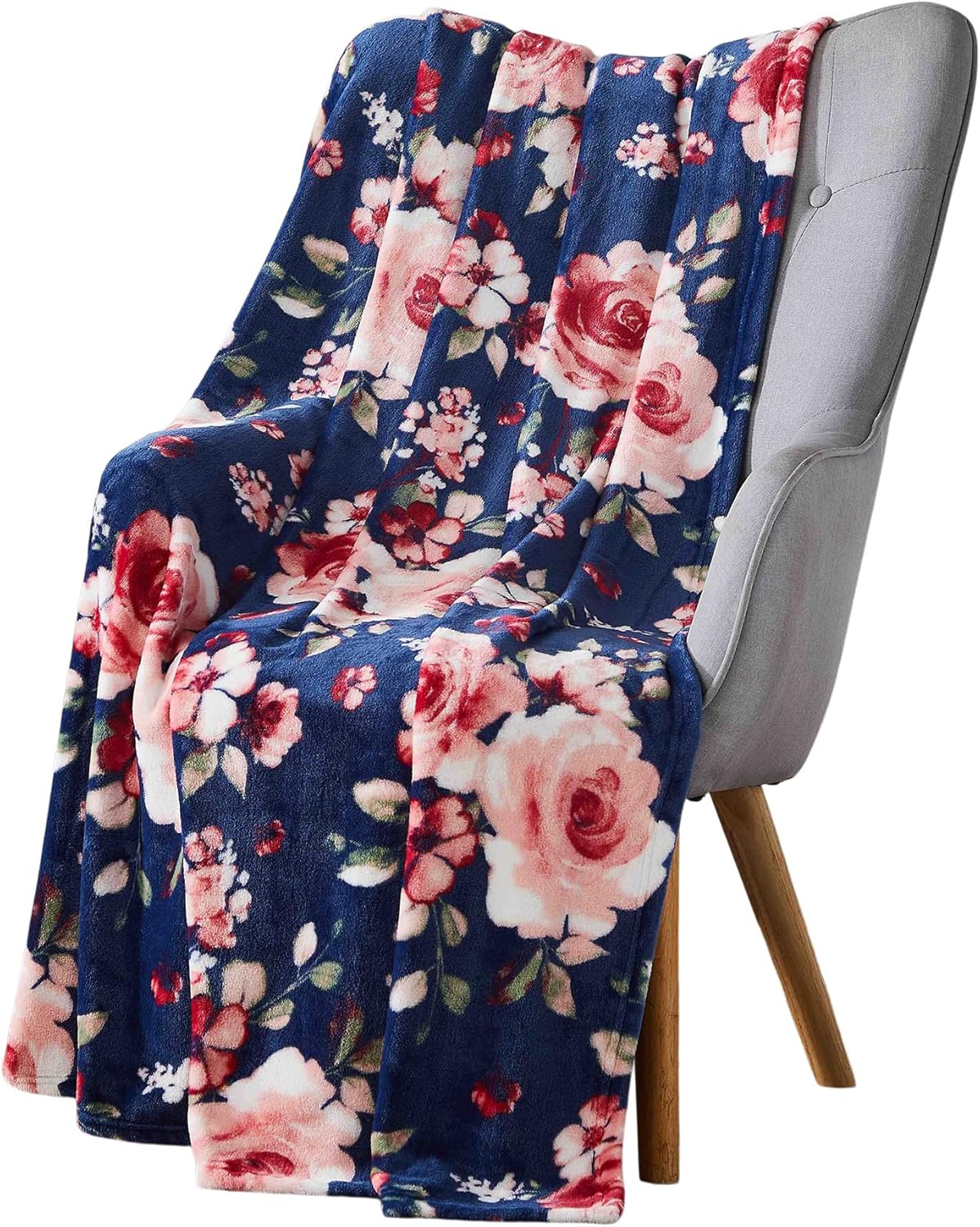 Decorative Floral Fleece Throw Blanket: Velvety Soft Plush Rose Flower Accent for Couch or Bed, Blush Pink Purple Navy Blue Grey on White, Oversized 50" x 70" Inches
