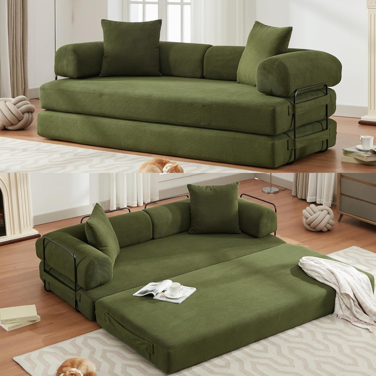 Convertible Sleeper Sofa Bed, Corduroy Folding Sofa Bed with Fixed-Shape Frame, Fold Out Floor Mattress Couch, Lazy Compression Sofa for Living Room, Bedroom, No Assembly Required, Beige