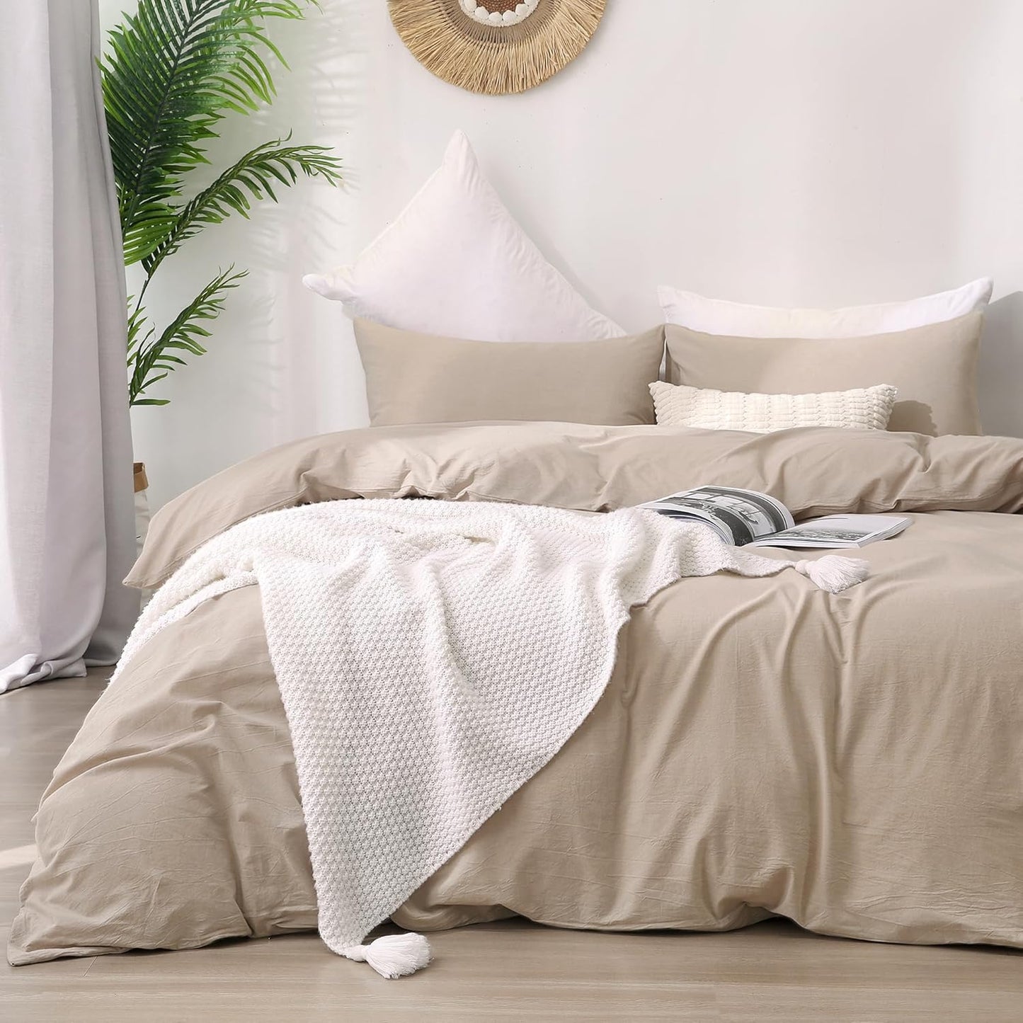 ATsense Duvet Cover King Size, 100% Washed Cotton Linen Feel Super Soft Comfortable, 3-Piece White Duvet Cover Bedding Set, Long-Lasting and Easy Care, Simple Style Farmhouse Comforter Cover