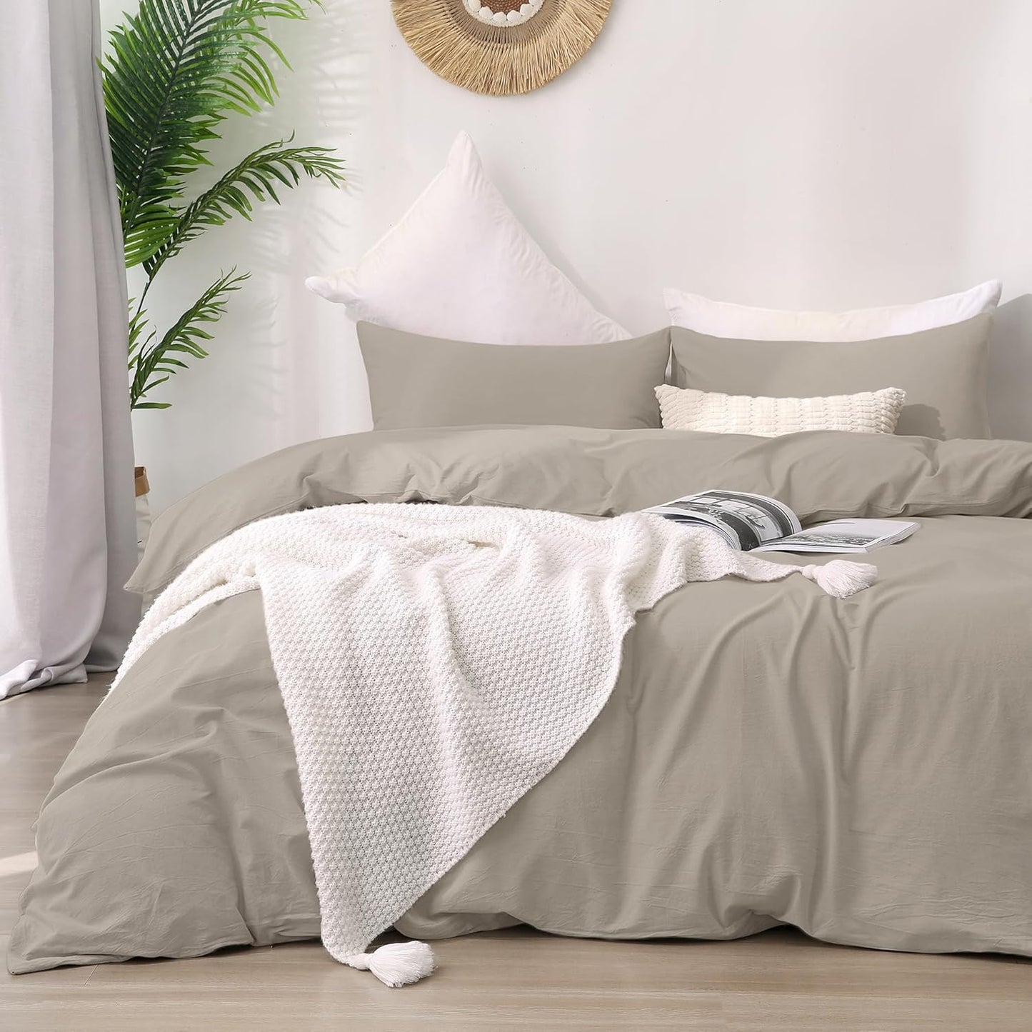 ATsense Duvet Cover King Size, 100% Washed Cotton Linen Feel Super Soft Comfortable, 3-Piece White Duvet Cover Bedding Set, Long-Lasting and Easy Care, Simple Style Farmhouse Comforter Cover