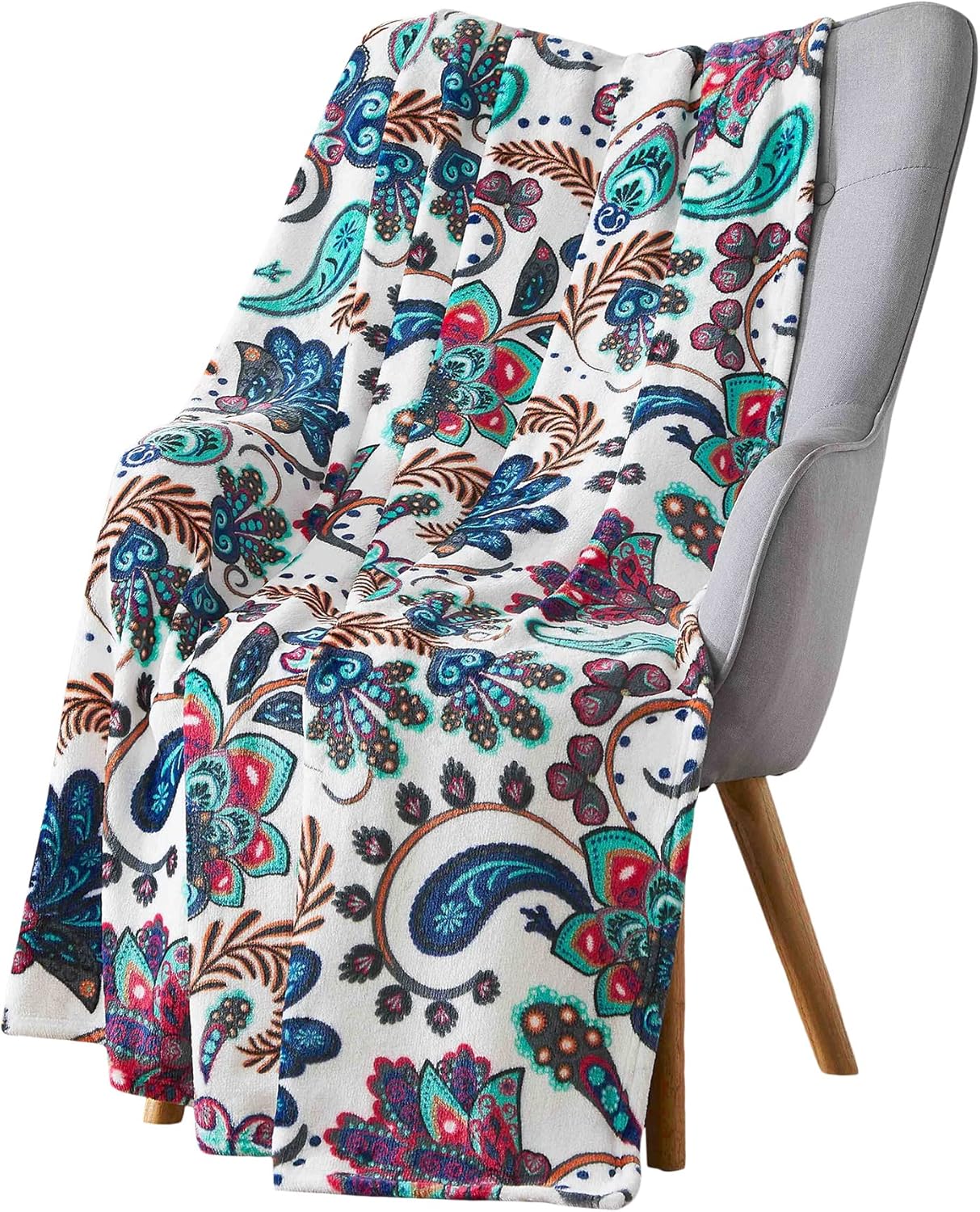 Decorative Floral Fleece Throw Blanket: Velvety Soft Plush Rose Flower Accent for Couch or Bed, Blush Pink Purple Navy Blue Grey on White, Oversized 50" x 70" Inches