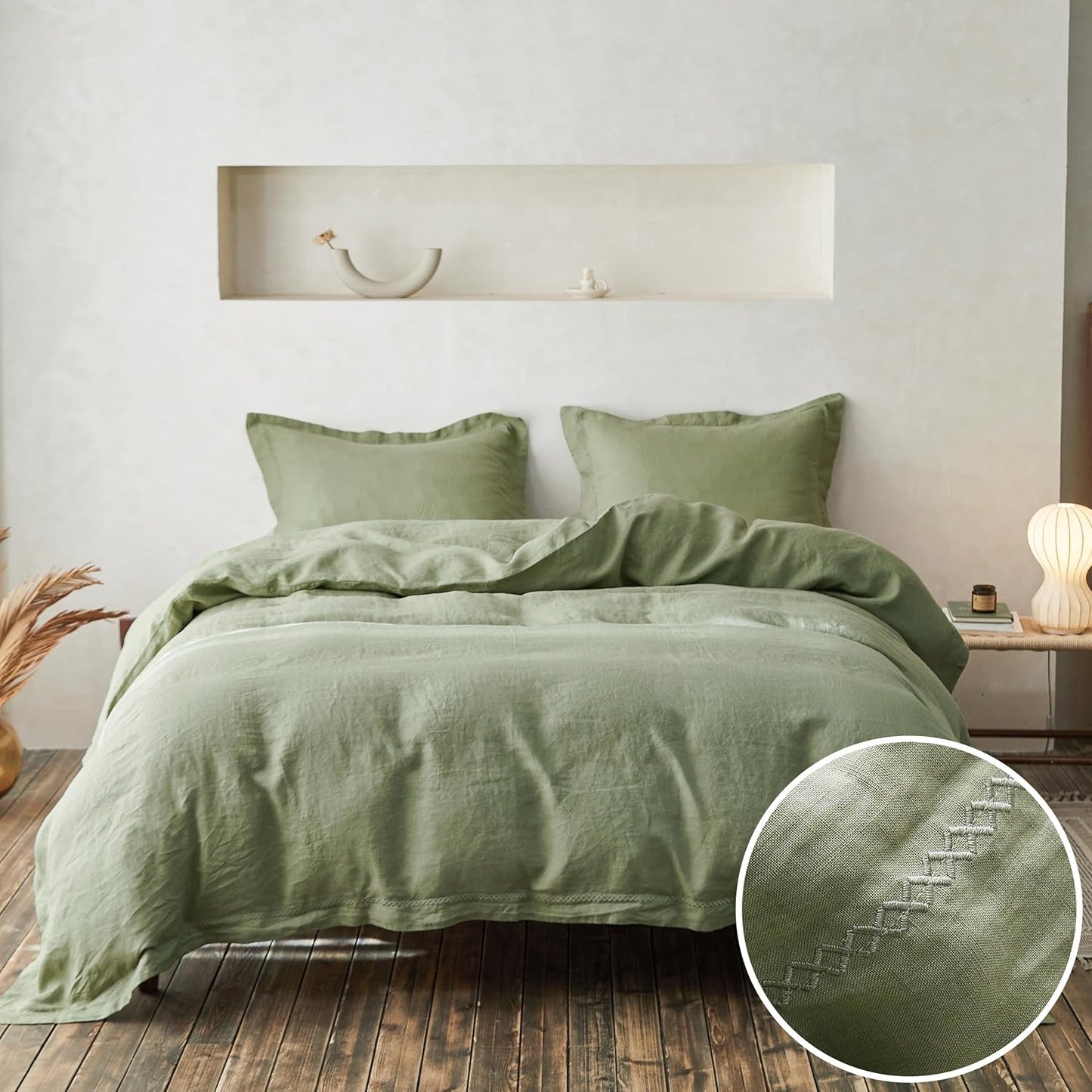 Simple&Opulence 100% Linen Duvet Cover Set with Embroidery Washed - 3 Pieces (1 Duvet Cover with 2 Pillow Shams) with Button Closure Soft Breathable Farmhouse - Linen, King Size
