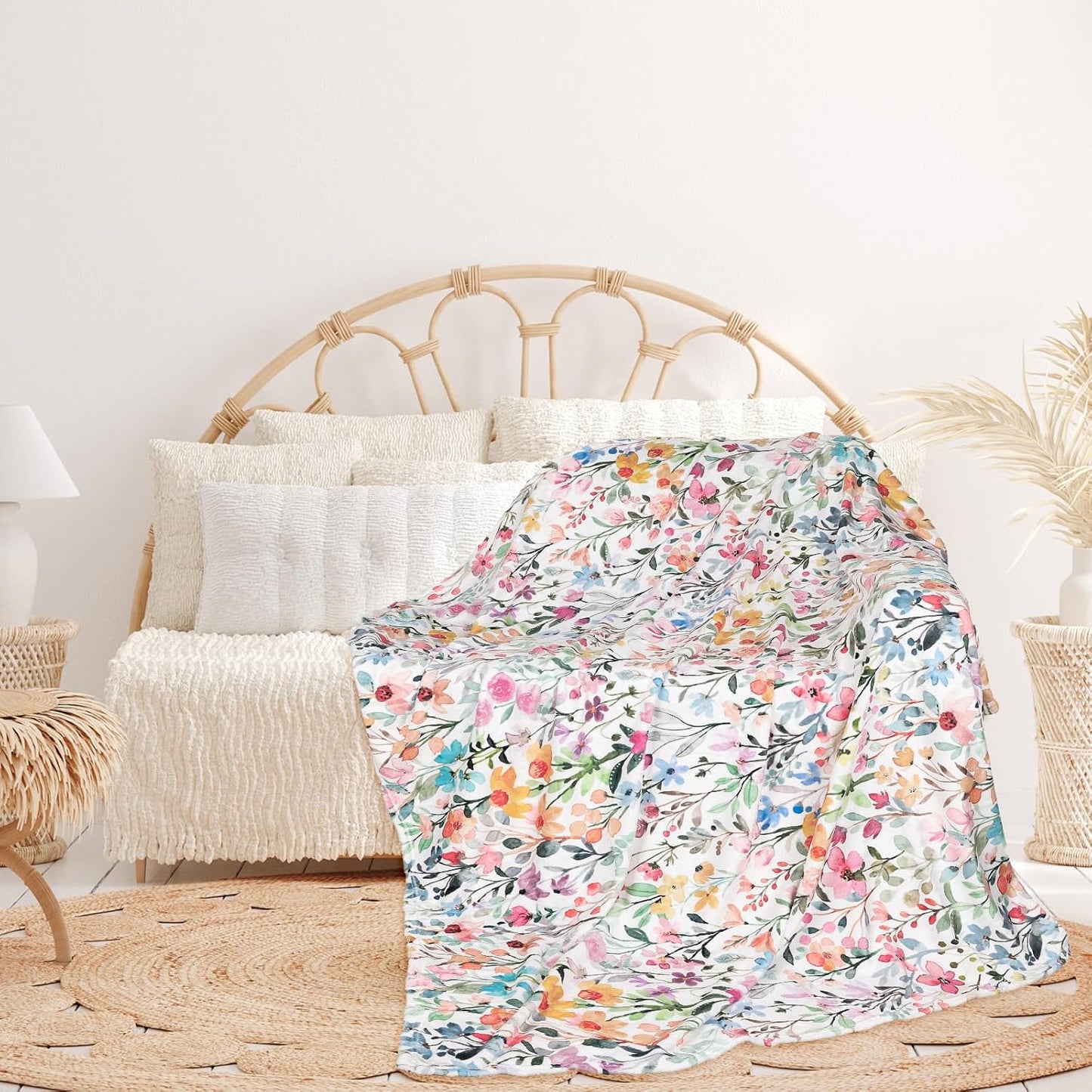 Whaline Floral Fuzzy Blanket Watercolor Flower Throw Blanket Colorful Wildflower Soft Cozy Flannel Blanket for Home Bed Sofa Couch Chair, 50 x 60 Inch
