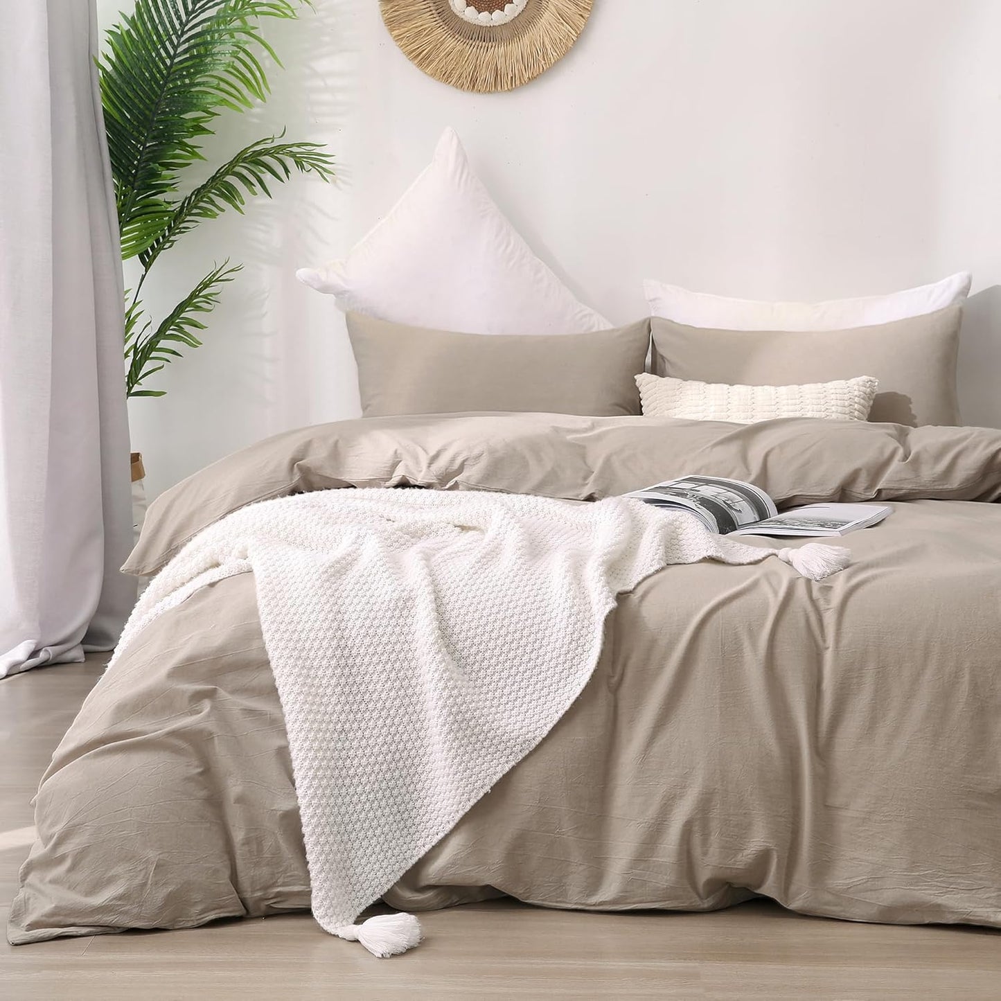 ATsense Duvet Cover King Size, 100% Washed Cotton Linen Feel Super Soft Comfortable, 3-Piece White Duvet Cover Bedding Set, Long-Lasting and Easy Care, Simple Style Farmhouse Comforter Cover