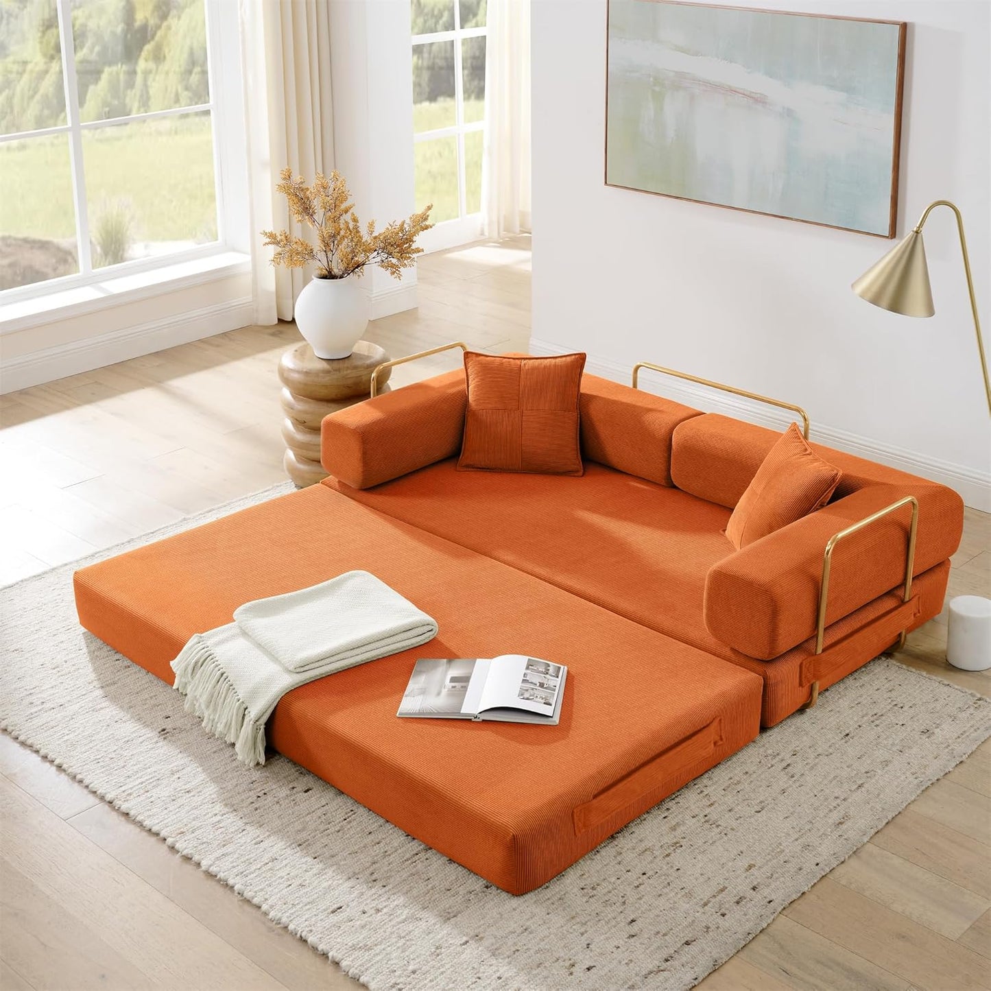Convertible Sleeper Sofa Bed, Corduroy Folding Sofa Bed with Fixed-Shape Frame, Fold Out Floor Mattress Couch, Lazy Compression Sofa for Living Room, Bedroom, No Assembly Required, Beige