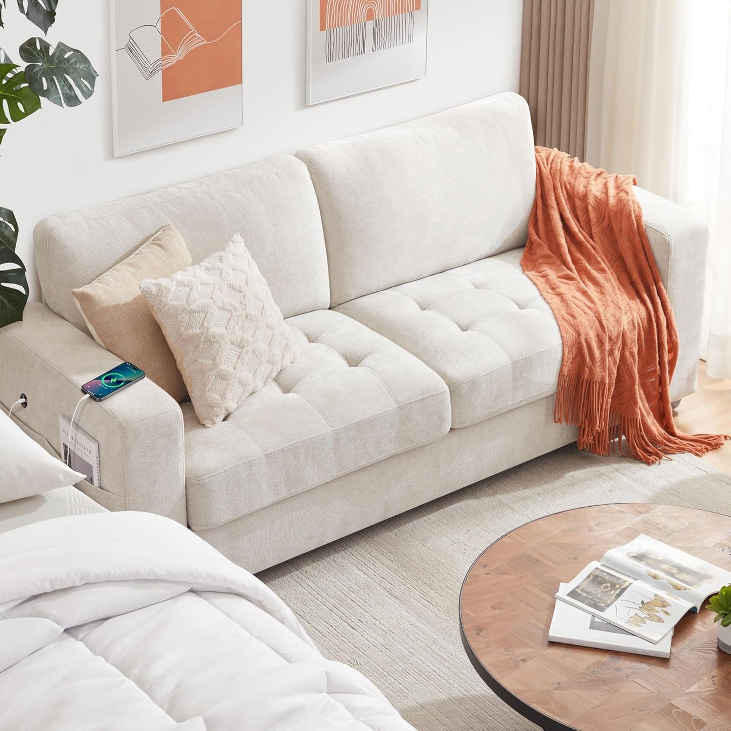 Ihanherry Modern Sofas 2-Seater Couches for Living Room, Chenille Sofas with Extra Large Seat Width & Depth, USB/Type-C Charging Port & Side Pocket, Removable Medium Firm Sofa Cushion(89inch, Brown)
