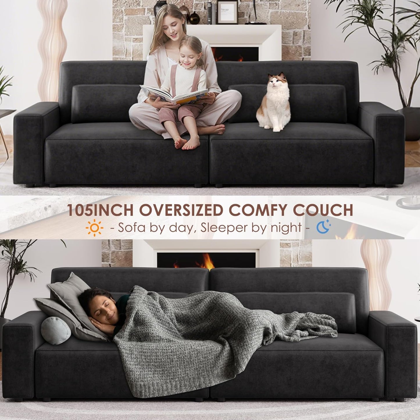 HIFIT 105" Black Faux Leather Sofa Couches for Living Room, Modern Comfy Couch with 28" Deep Seat & Fluffy Cushion, 4-Seater Home Sofa Living Room Furniture for Office with 2 Pillows, Solid Wood Frame