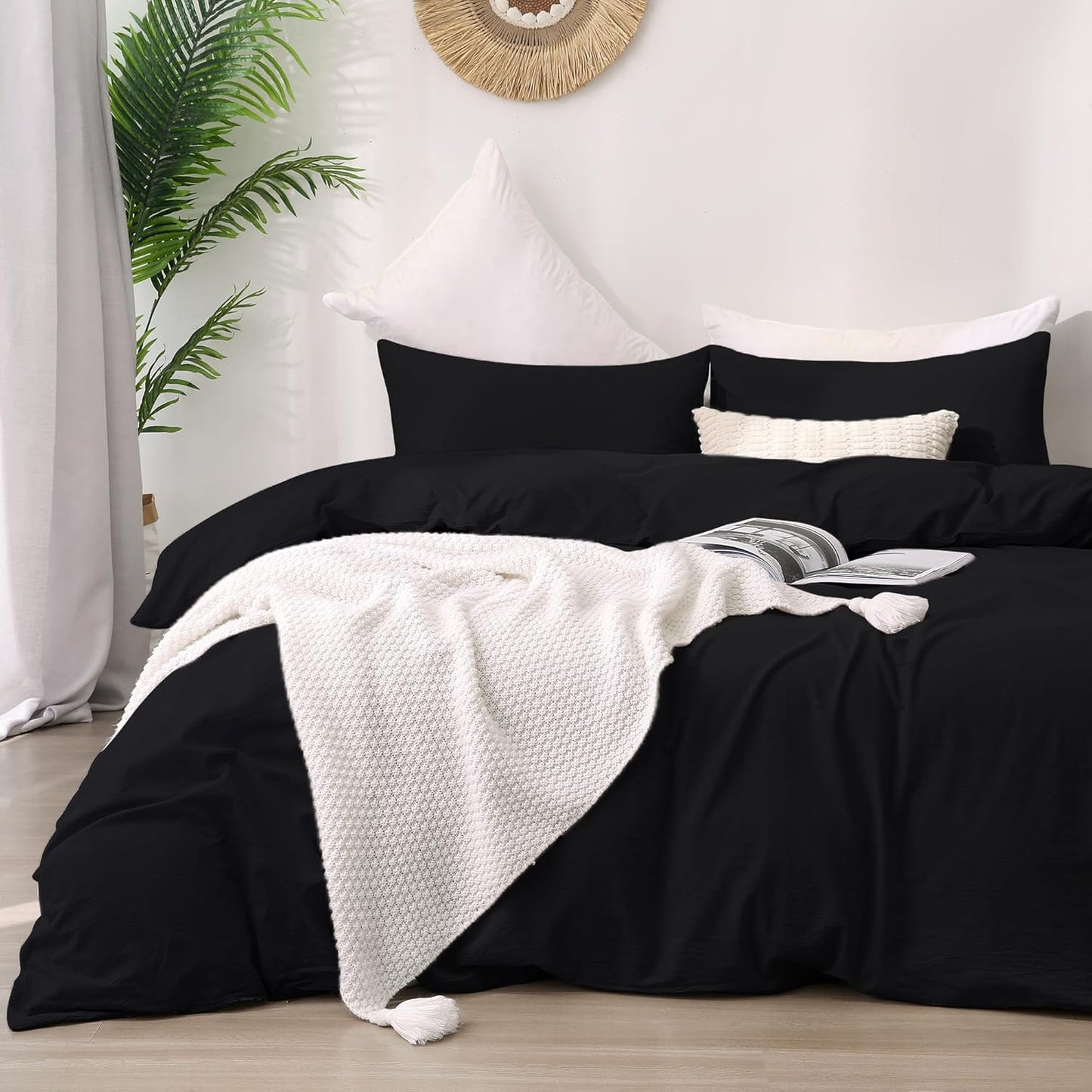 ATsense Duvet Cover King Size, 100% Washed Cotton Linen Feel Super Soft Comfortable, 3-Piece White Duvet Cover Bedding Set, Long-Lasting and Easy Care, Simple Style Farmhouse Comforter Cover