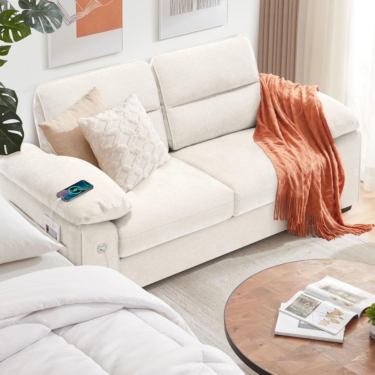 Ihanherry Modern Sofas 2-Seater Couches for Living Room, Chenille Sofas with Extra Large Seat Width & Depth, USB/Type-C Charging Port & Side Pocket, Removable Medium Firm Sofa Cushion(89inch, Brown)