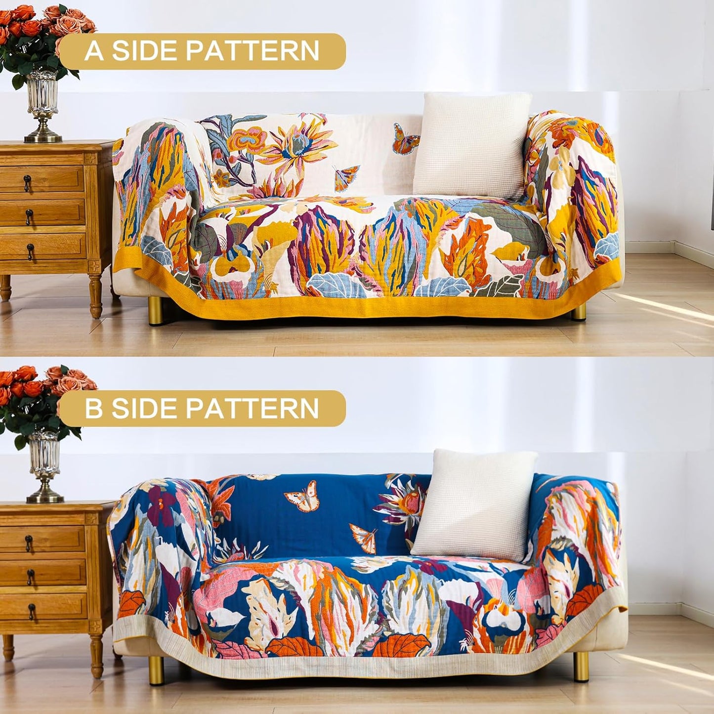 Boho Throw Blanket 60" x 80", 100% Organic Cotton Breathable Lightweight Ultra Soft Bed Quilt Throw - Summer Floral Butterfly Farmhouse Decor Blanket for Sofa Couch Chair and Gift.
