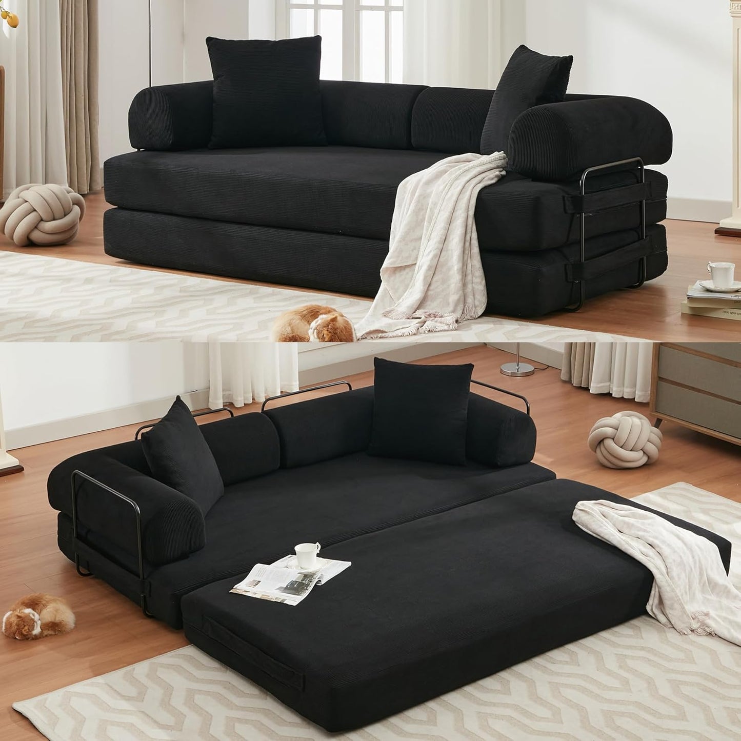 Convertible Sleeper Sofa Bed, Corduroy Folding Sofa Bed with Fixed-Shape Frame, Fold Out Floor Mattress Couch, Lazy Compression Sofa for Living Room, Bedroom, No Assembly Required, Beige