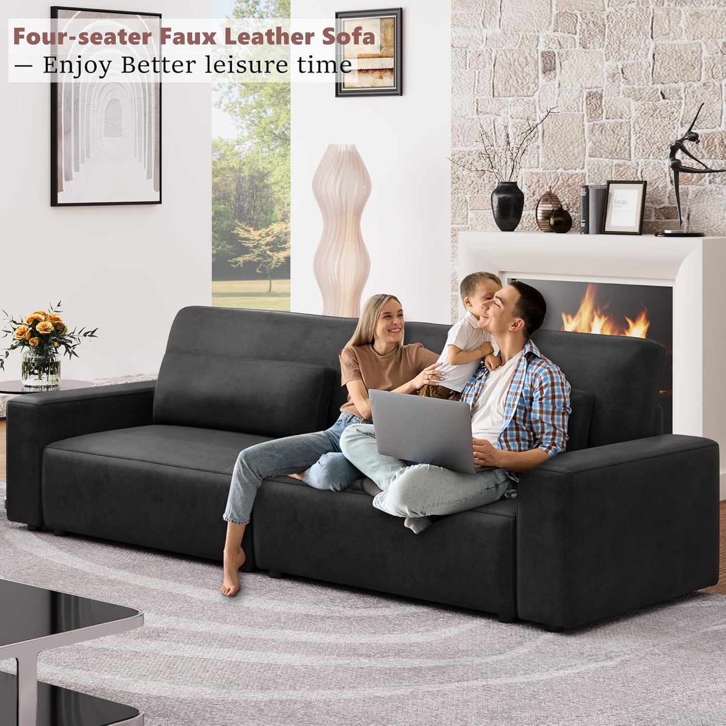 HIFIT 105" Black Faux Leather Sofa Couches for Living Room, Modern Comfy Couch with 28" Deep Seat & Fluffy Cushion, 4-Seater Home Sofa Living Room Furniture for Office with 2 Pillows, Solid Wood Frame