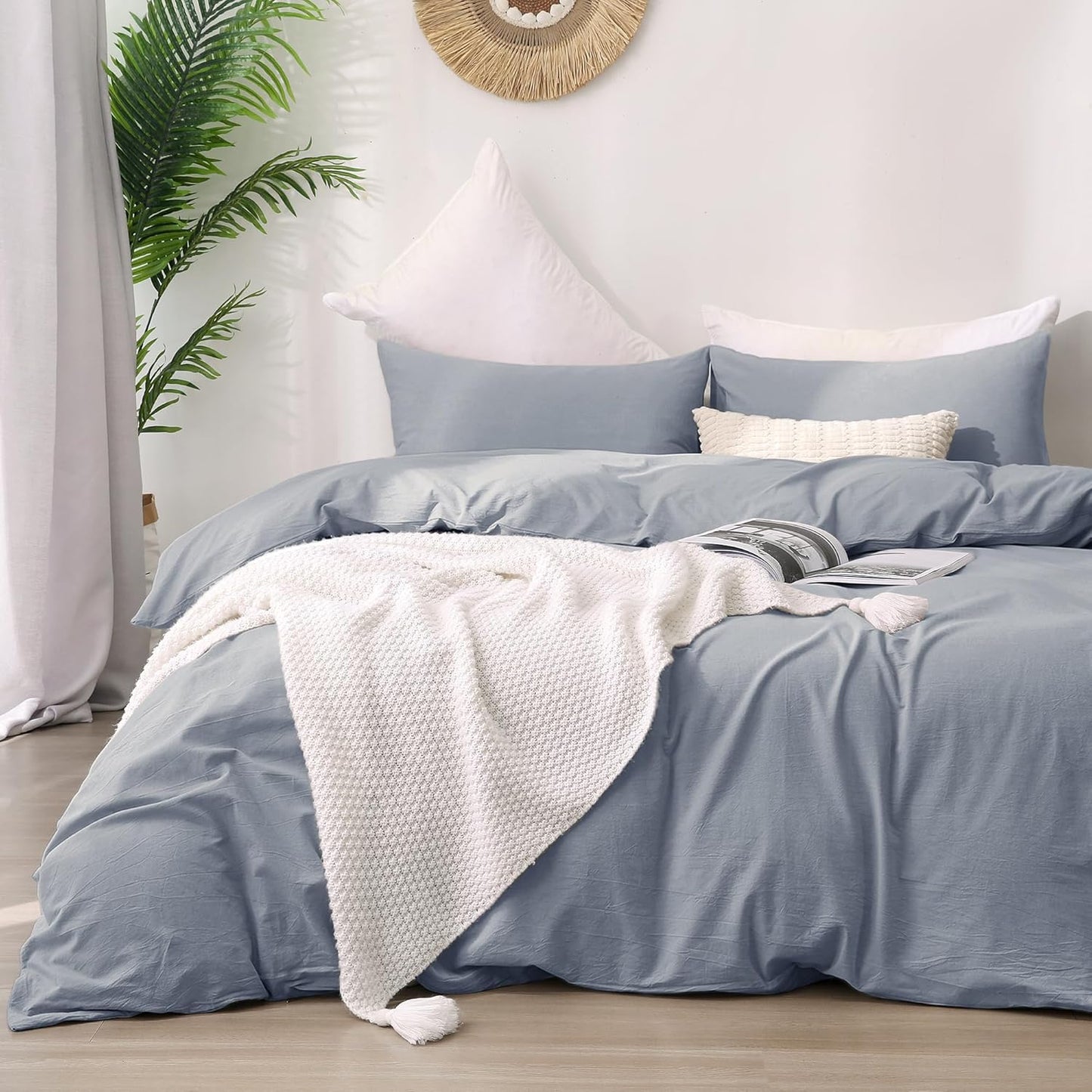 ATsense Duvet Cover King Size, 100% Washed Cotton Linen Feel Super Soft Comfortable, 3-Piece White Duvet Cover Bedding Set, Long-Lasting and Easy Care, Simple Style Farmhouse Comforter Cover