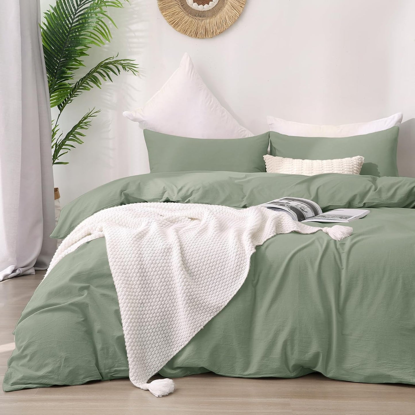 ATsense Duvet Cover King Size, 100% Washed Cotton Linen Feel Super Soft Comfortable, 3-Piece White Duvet Cover Bedding Set, Long-Lasting and Easy Care, Simple Style Farmhouse Comforter Cover