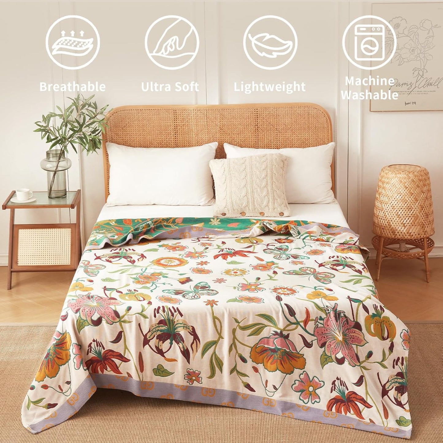 Floral Throw Blanket Pure Cotton Ultra Soft Lightweight Blanket Reversible Farmhouse Blankets Reversible Rustic Throw for Sofa Couch (60"x80",05-Butterfly and Flower)