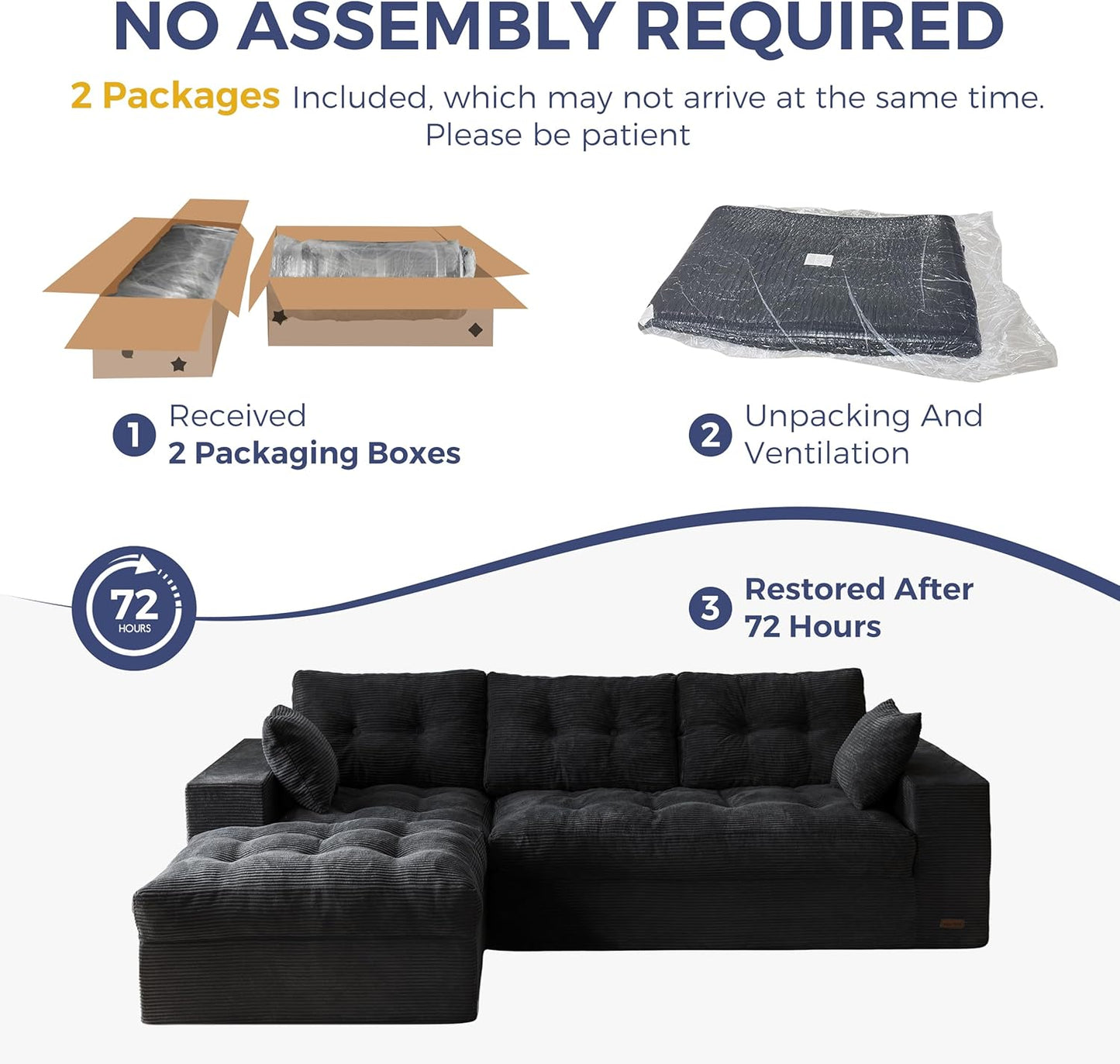 MAXYOYO L-Shaped Sectional Sofa with Convertible Left/Right Ottoman, Cloud Boneless Modular Couch, Layered Cushion & Tufted Upholstered, 4-in-1 Flexible Combination, No Assembly, Black