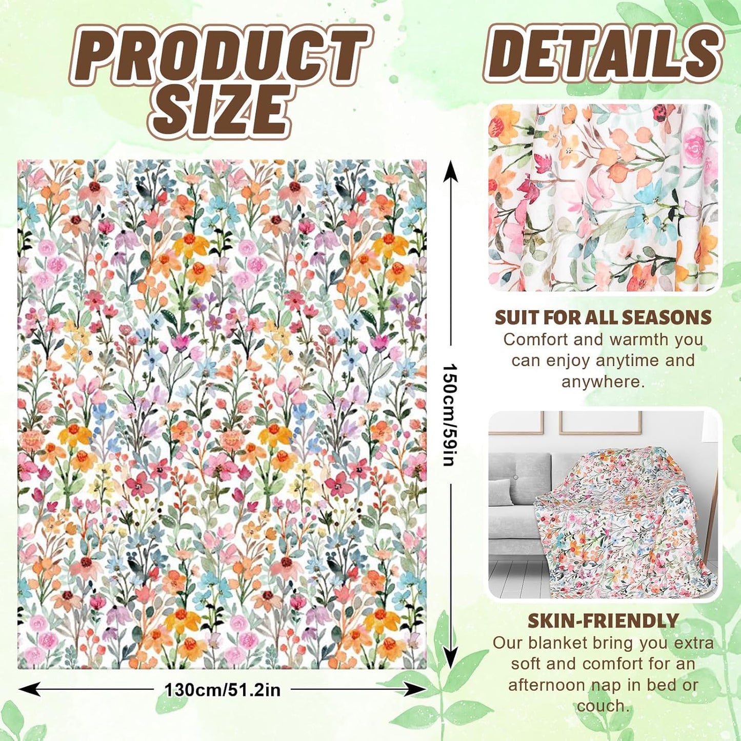 Whaline Floral Fuzzy Blanket Watercolor Flower Throw Blanket Colorful Wildflower Soft Cozy Flannel Blanket for Home Bed Sofa Couch Chair, 50 x 60 Inch