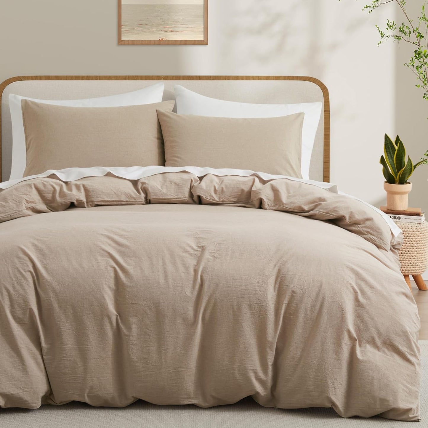 LOVQUE 100% Washed Cotton Duvet Cover Queen Size, White Linen Like Breathable Natural Bedding Set (No Comforter), 90x90 Inches