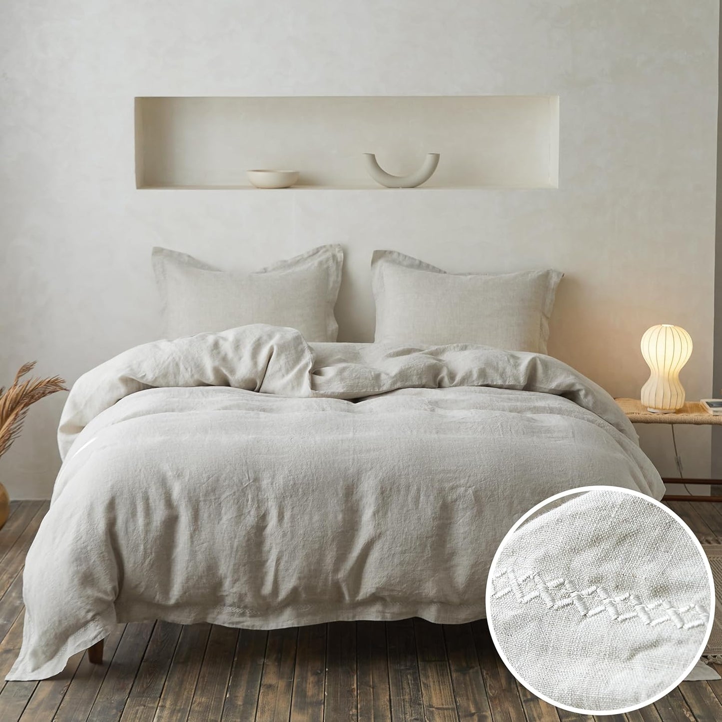Simple&Opulence 100% Linen Duvet Cover Set with Embroidery Washed - 3 Pieces (1 Duvet Cover with 2 Pillow Shams) with Button Closure Soft Breathable Farmhouse - Linen, King Size