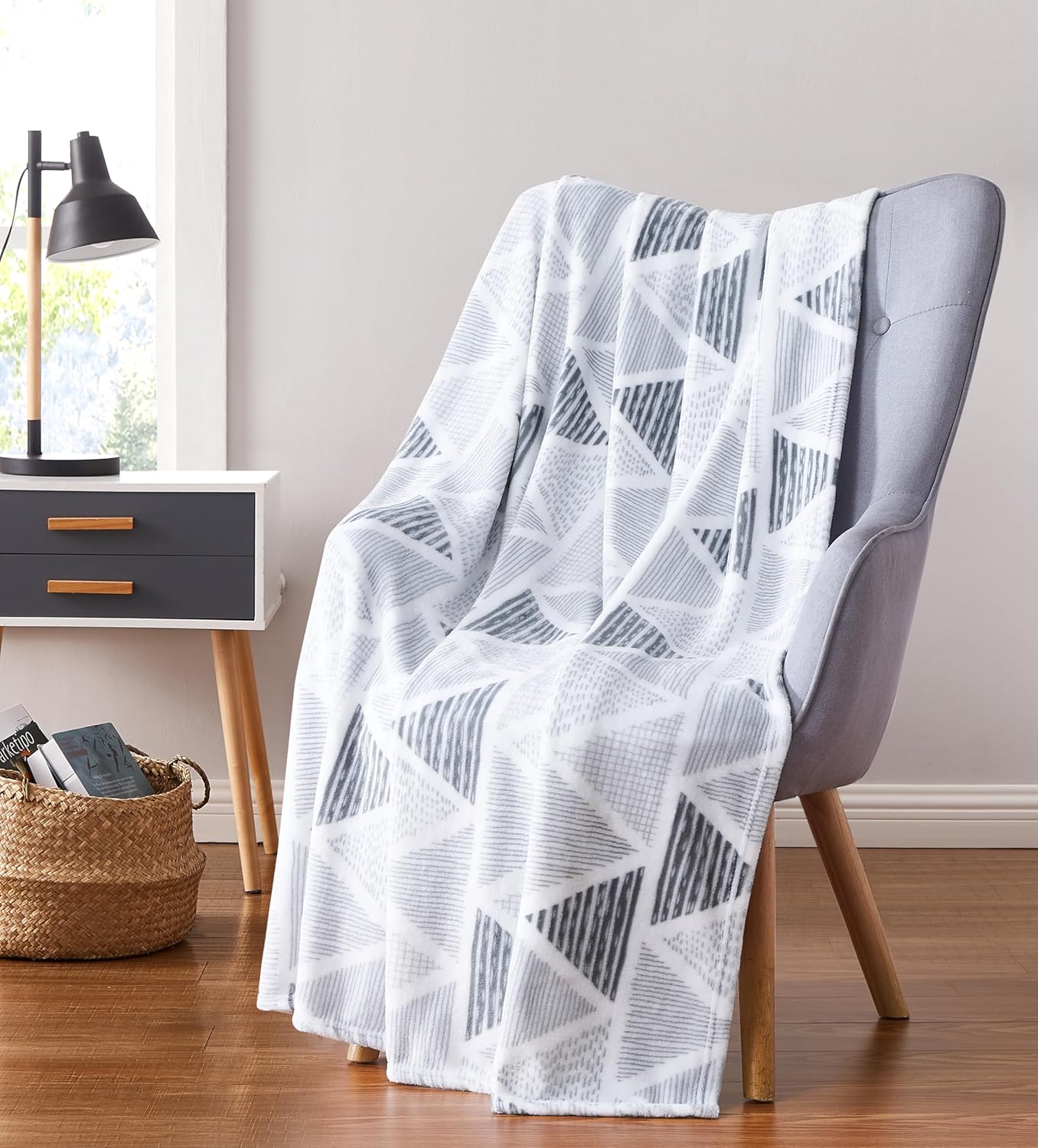 Decorative Floral Fleece Throw Blanket: Velvety Soft Plush Rose Flower Accent for Couch or Bed, Blush Pink Purple Navy Blue Grey on White, Oversized 50" x 70" Inches