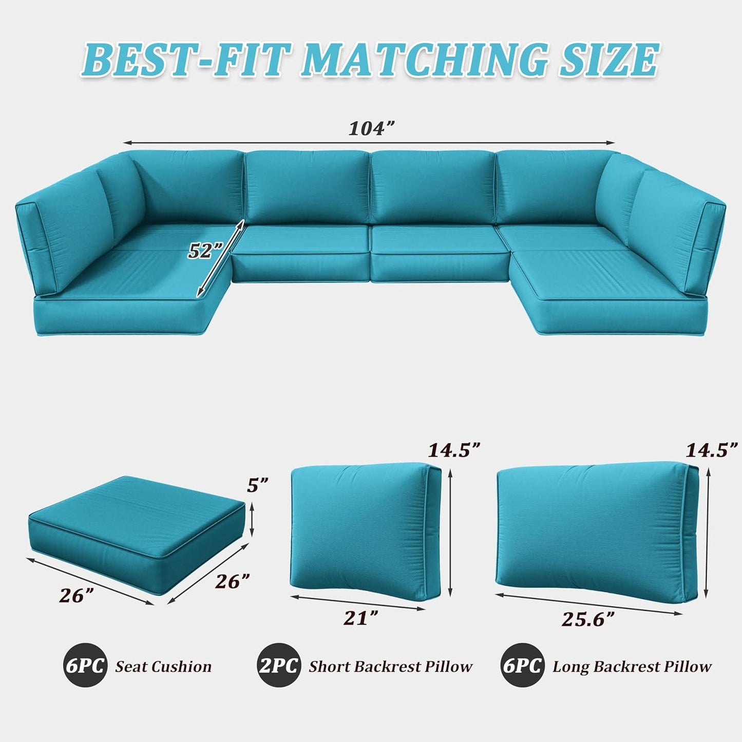 Outdoor Replacement Cushions for Patio Furniture, 5" Foam High-Density, 14-Piece Water-Resistant Outdoor Cushion for 6-Seat Sectional Patio Conversation Sets, Liner&Cover