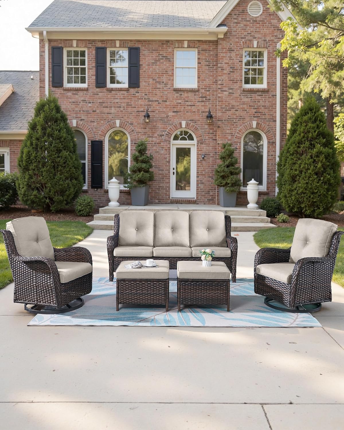 22x25/22x24 Outdoor Cushions for Patio 5 Piece Set - Set of 5 Water-Resistant Replacement Cushion for Wicker Rattan Dining Rocking Swivel Chairs Loveseat Couch Sectional Sofa - Beige/Button