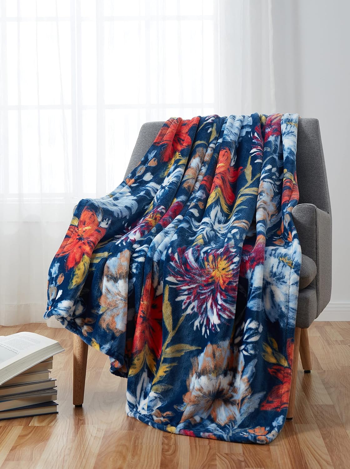 Decorative Floral Fleece Throw Blanket: Velvety Soft Plush Rose Flower Accent for Couch or Bed, Blush Pink Purple Navy Blue Grey on White, Oversized 50" x 70" Inches