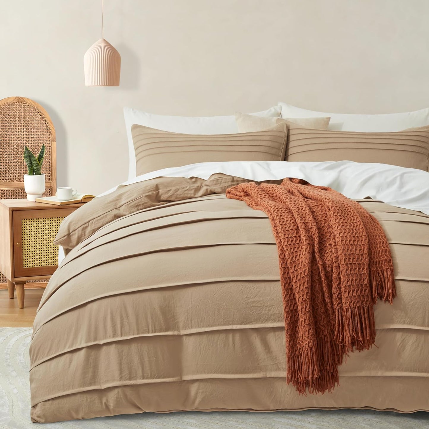 Oli Anderson Beige Duvet Cover Queen Size - Pleated Queen Duvet Cover, 3PCS Soft and Breathable Textured Bedding Set with Zipper Closure(Beige,90"x90")