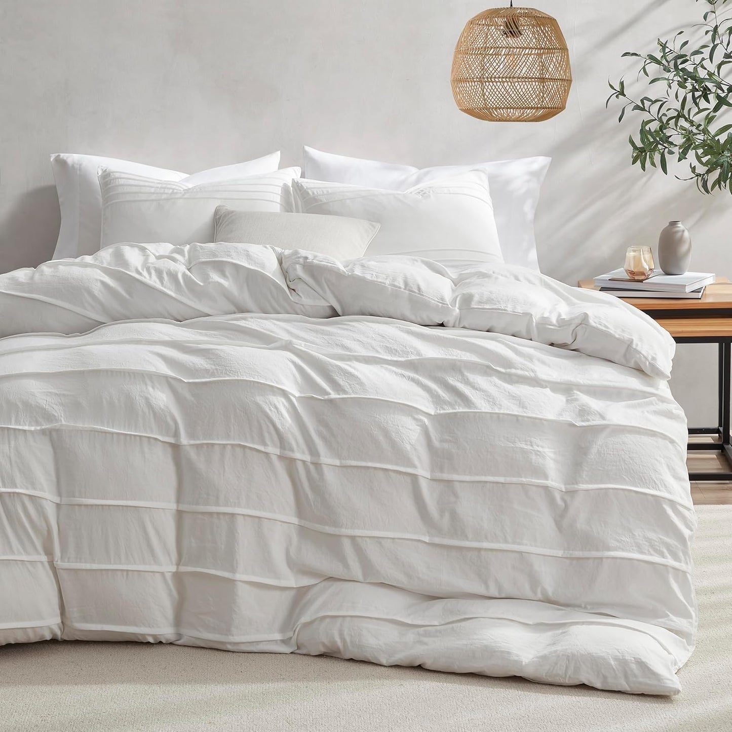 Oli Anderson Beige Duvet Cover Queen Size - Pleated Queen Duvet Cover, 3PCS Soft and Breathable Textured Bedding Set with Zipper Closure(Beige,90"x90")