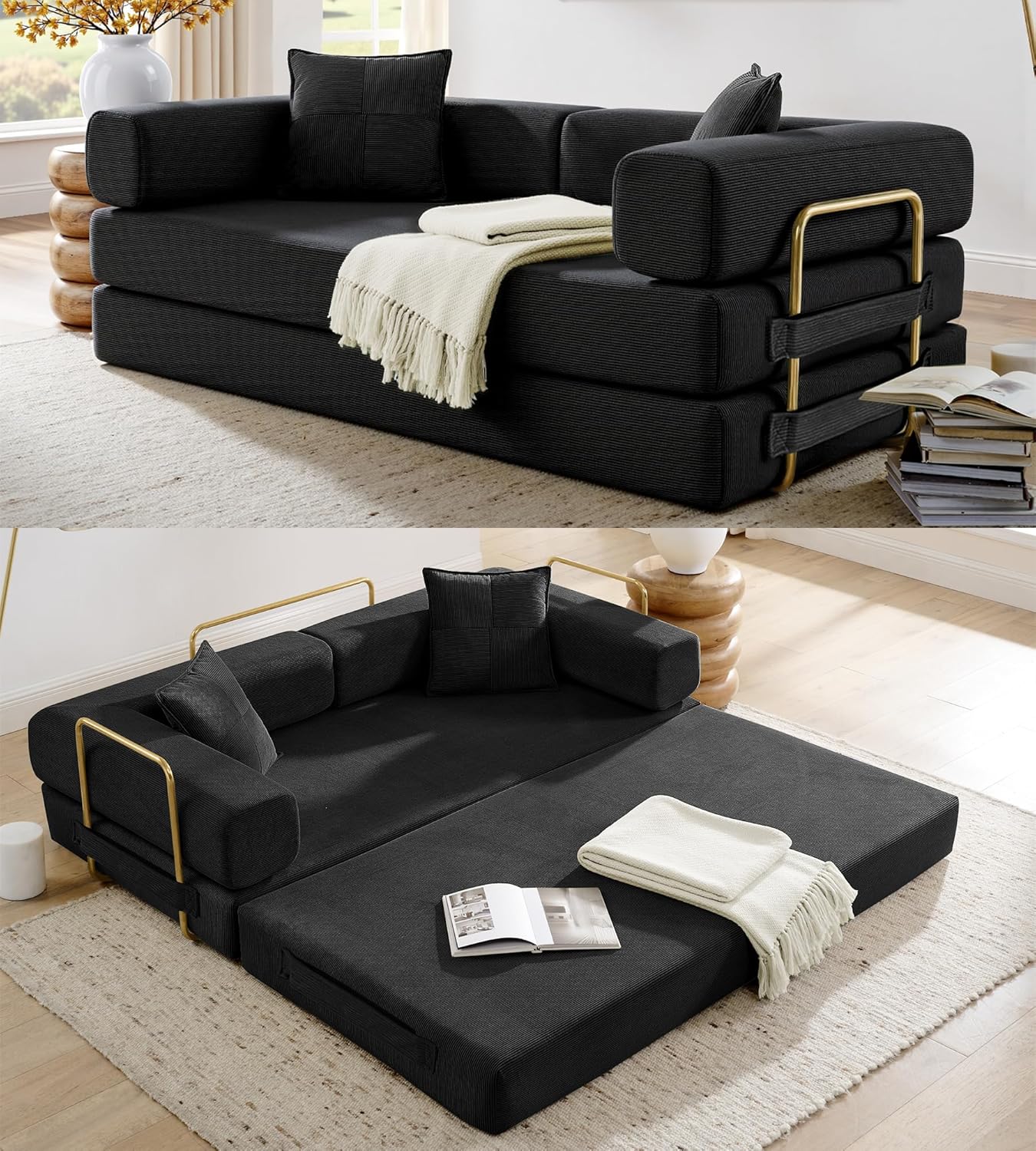 Convertible Sleeper Sofa Bed, Corduroy Folding Sofa Bed with Fixed-Shape Frame, Fold Out Floor Mattress Couch, Lazy Compression Sofa for Living Room, Bedroom, No Assembly Required, Beige