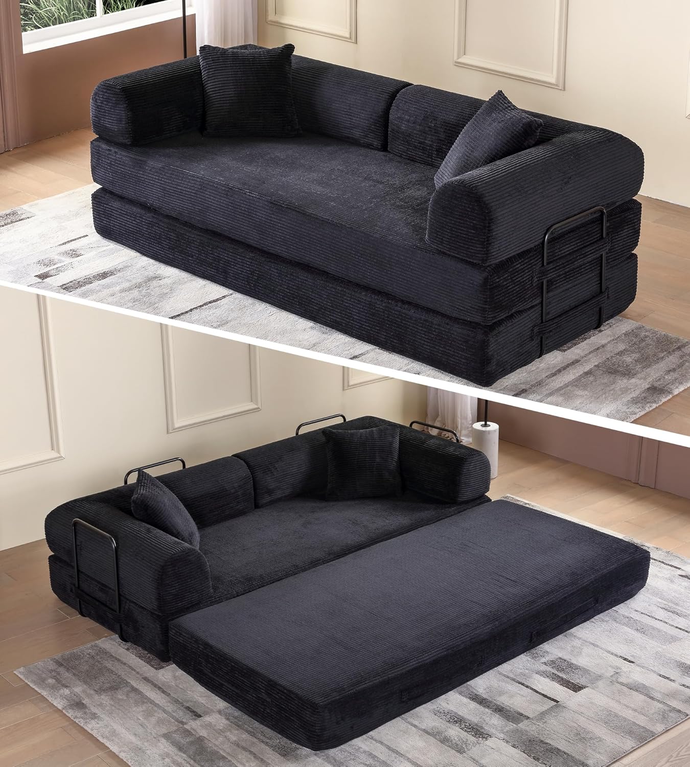 Convertible Sleeper Sofa Bed, Corduroy Folding Sofa Bed with Fixed-Shape Frame, Fold Out Floor Mattress Couch, Lazy Compression Sofa for Living Room, Bedroom, No Assembly Required, Beige