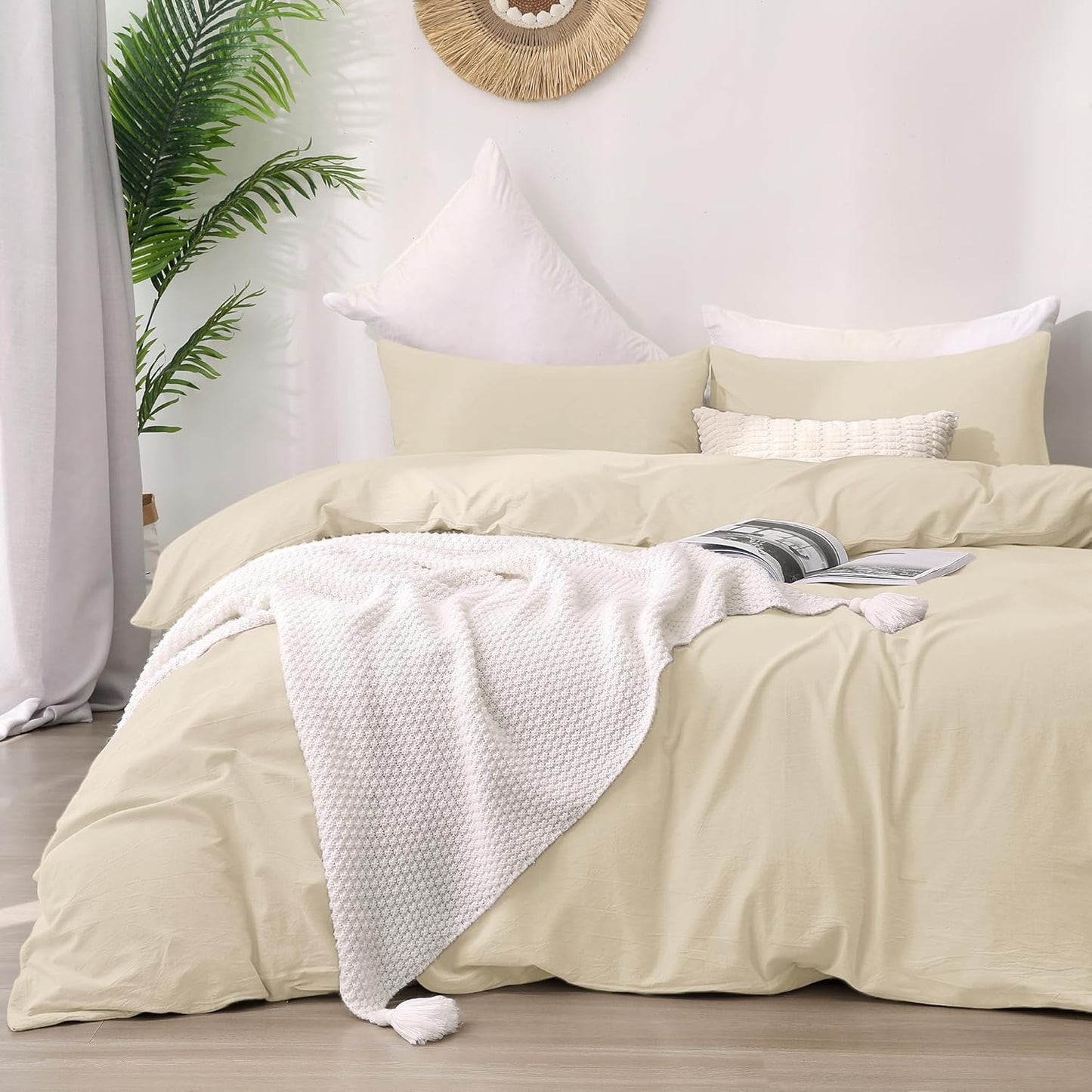 ATsense Duvet Cover King Size, 100% Washed Cotton Linen Feel Super Soft Comfortable, 3-Piece White Duvet Cover Bedding Set, Long-Lasting and Easy Care, Simple Style Farmhouse Comforter Cover