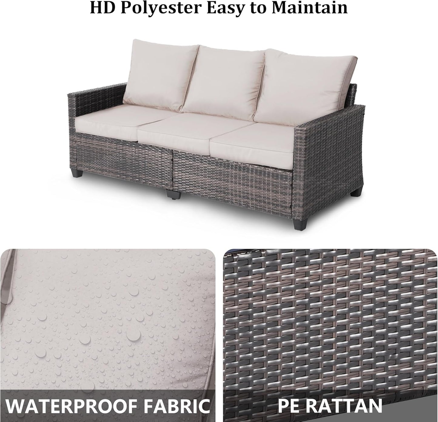 All Weather Patio Sofa, 3 Seat Outdoor Couch with High Back and Thick Cushions,Outdoor Sofa Furniture with Premium Wicker for Garden, Backyard, Porch,Beige