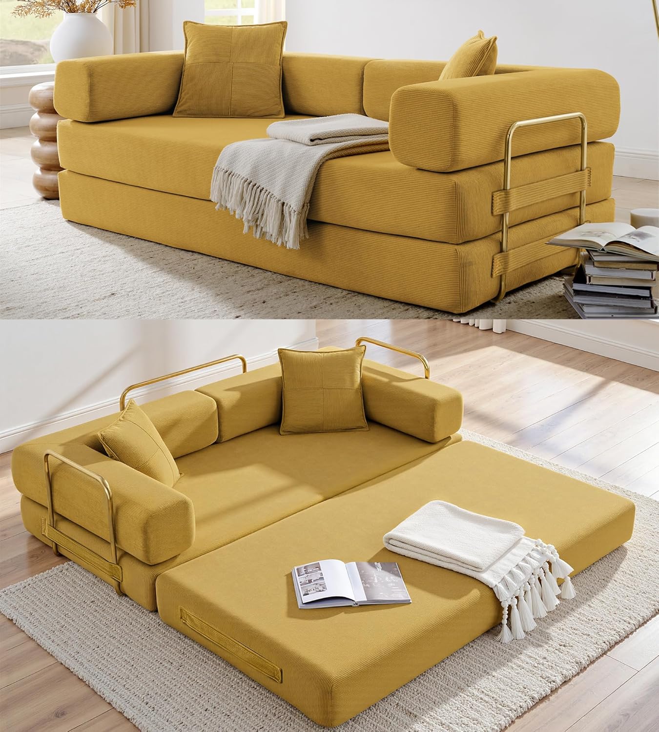 Convertible Sleeper Sofa Bed, Corduroy Folding Sofa Bed with Fixed-Shape Frame, Fold Out Floor Mattress Couch, Lazy Compression Sofa for Living Room, Bedroom, No Assembly Required, Beige
