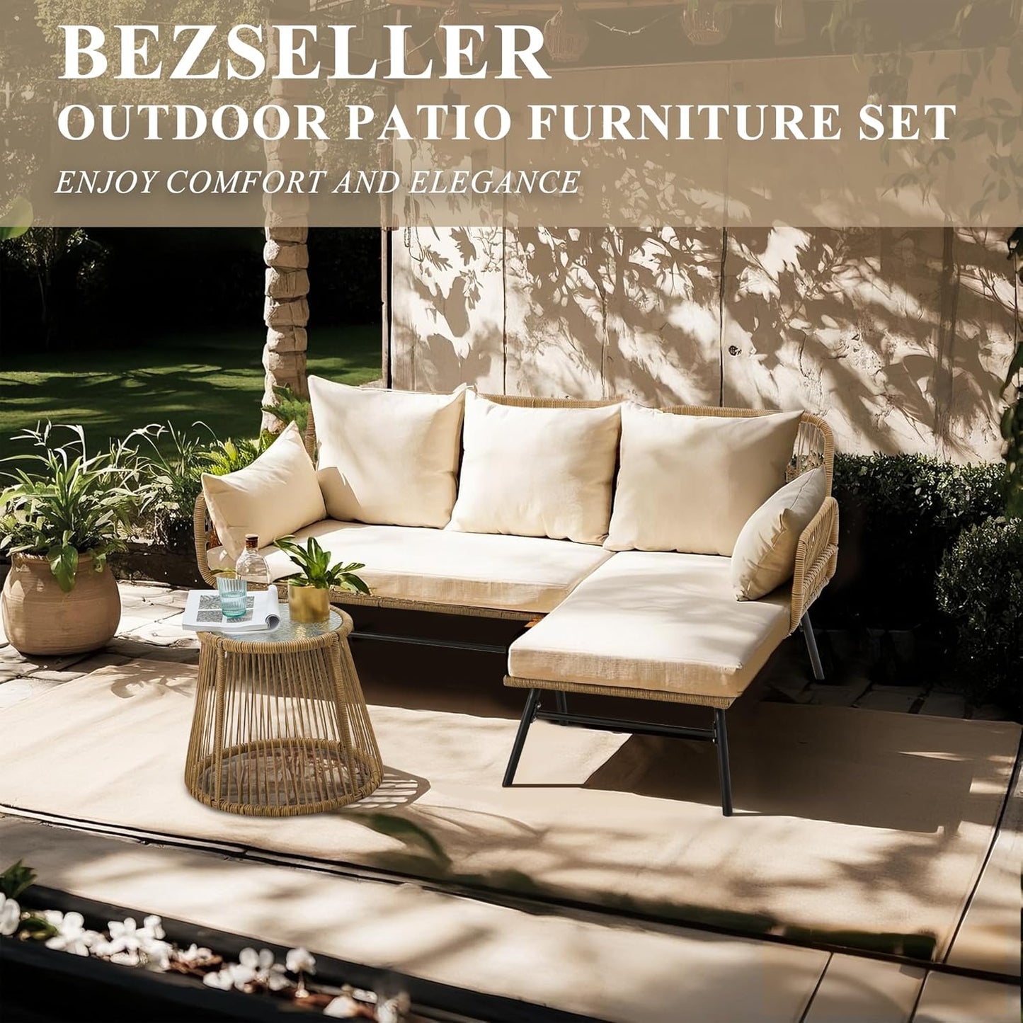 Bezseller 3-Piece Outdoor Patio Furniture Set, L-Shaped Rattan Sectional Sofa with Thick Cushions, Glass Coffee Table – All-Weather Conversation Set for Backyard, Porch, Poolside