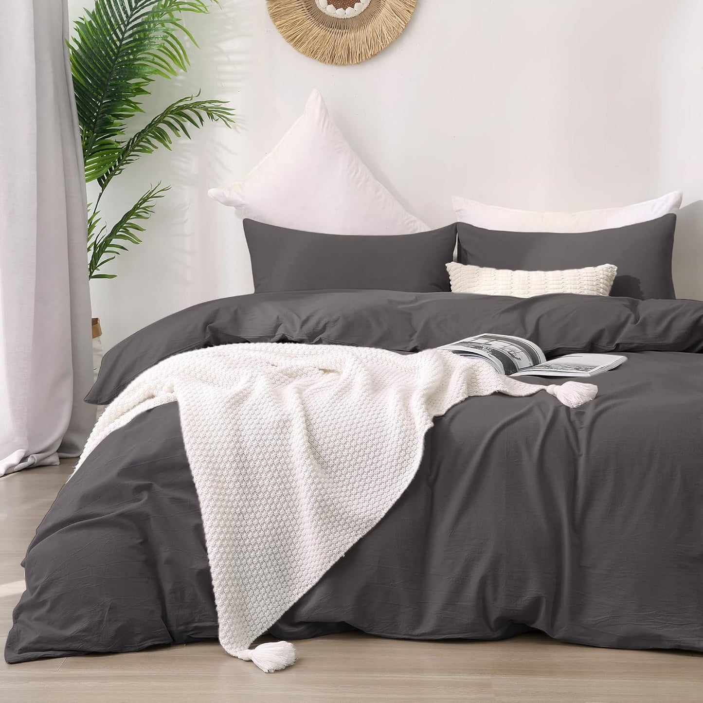 ATsense Duvet Cover King Size, 100% Washed Cotton Linen Feel Super Soft Comfortable, 3-Piece White Duvet Cover Bedding Set, Long-Lasting and Easy Care, Simple Style Farmhouse Comforter Cover