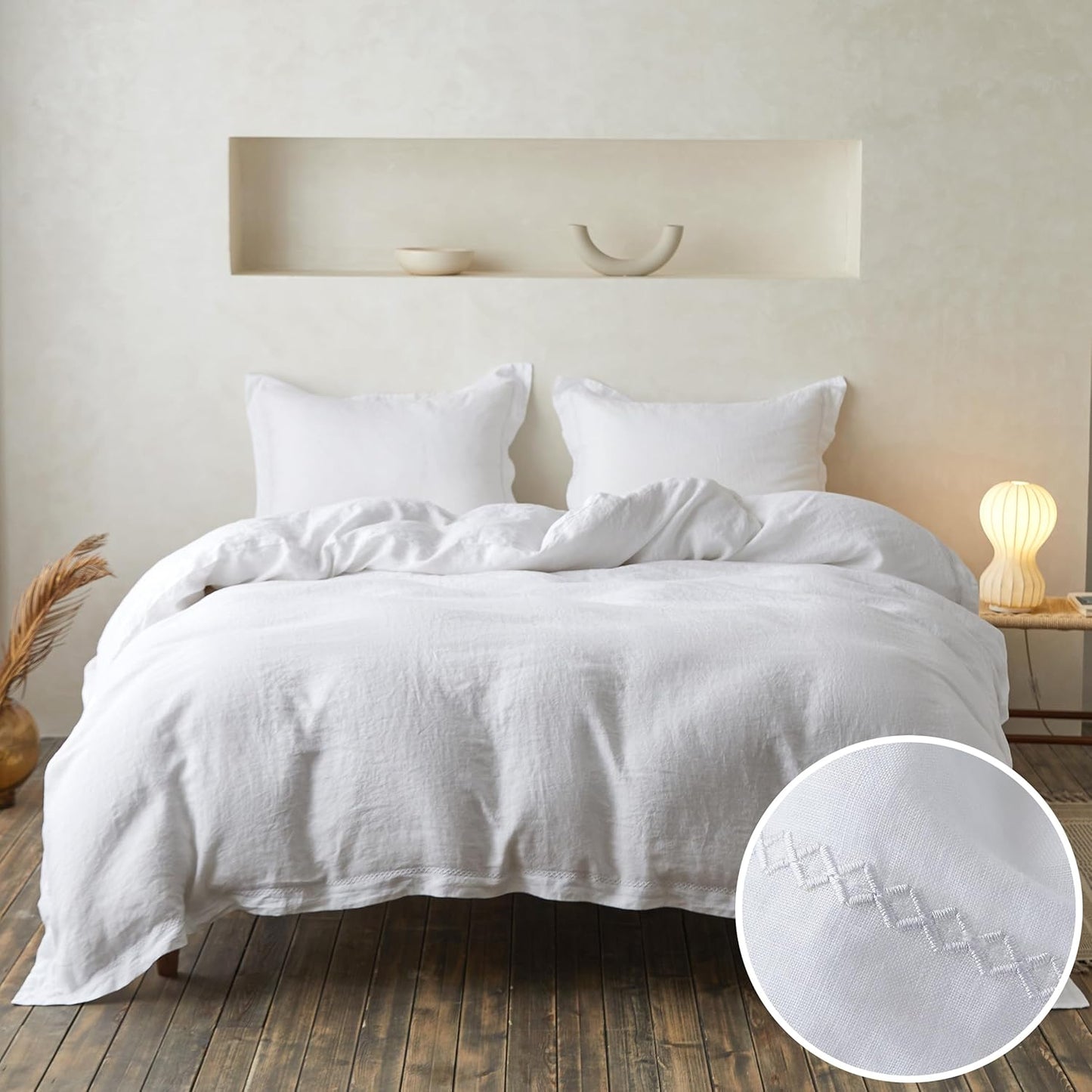 Simple&Opulence 100% Linen Duvet Cover Set with Embroidery Washed - 3 Pieces (1 Duvet Cover with 2 Pillow Shams) with Button Closure Soft Breathable Farmhouse - Linen, King Size
