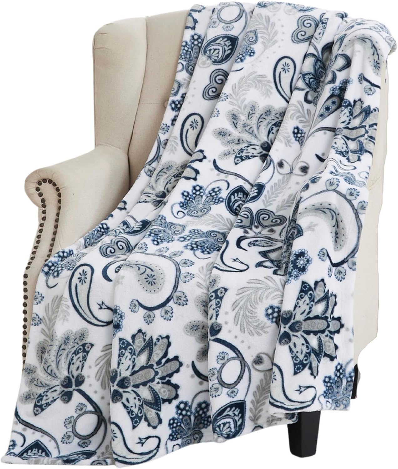 Decorative Floral Fleece Throw Blanket: Velvety Soft Plush Rose Flower Accent for Couch or Bed, Blush Pink Purple Navy Blue Grey on White, Oversized 50" x 70" Inches