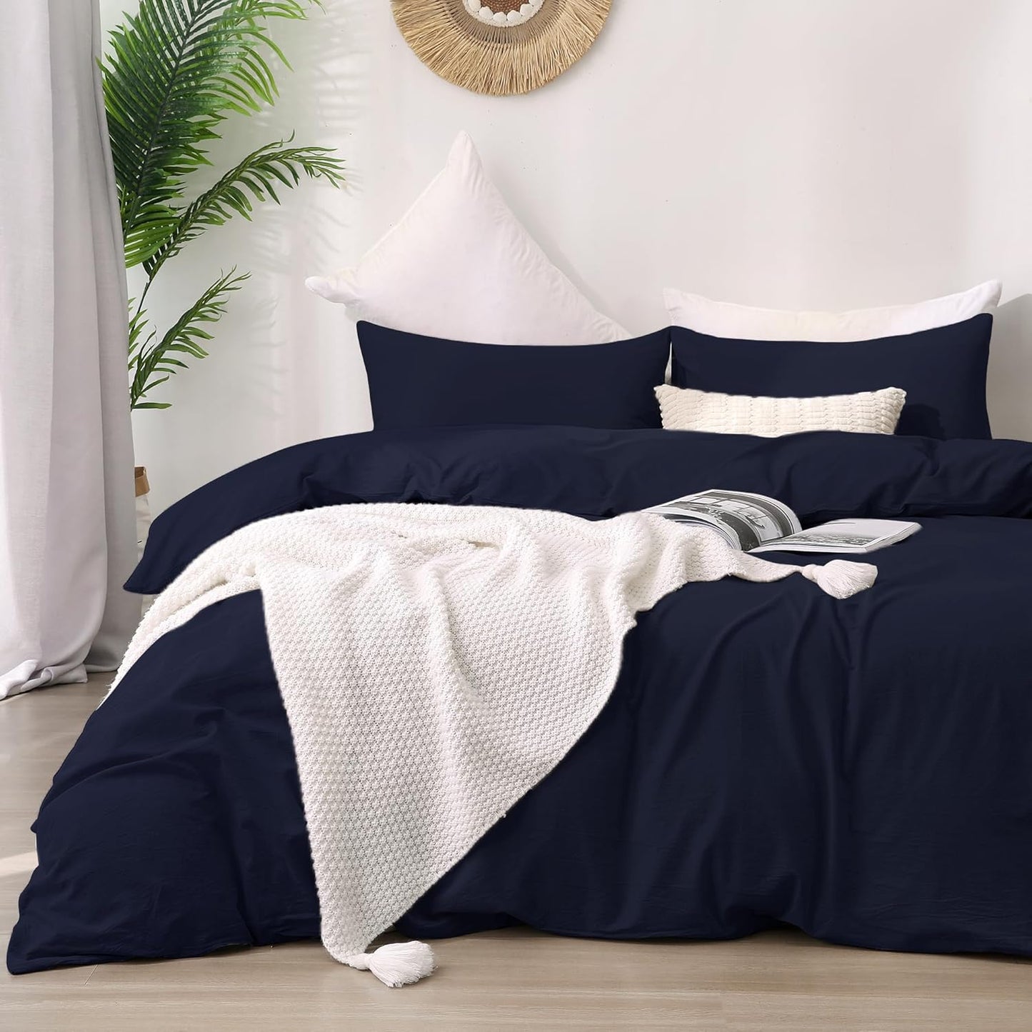 ATsense Duvet Cover King Size, 100% Washed Cotton Linen Feel Super Soft Comfortable, 3-Piece White Duvet Cover Bedding Set, Long-Lasting and Easy Care, Simple Style Farmhouse Comforter Cover