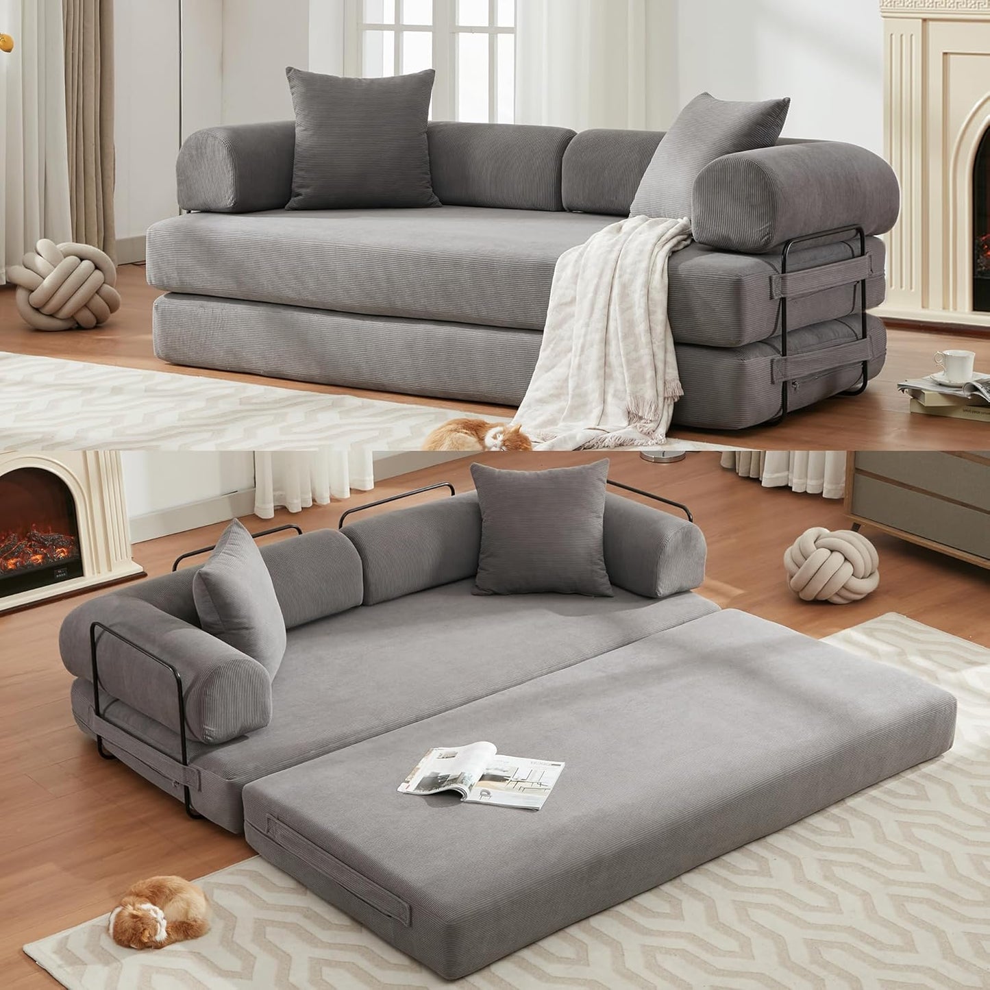 Convertible Sleeper Sofa Bed, Corduroy Folding Sofa Bed with Fixed-Shape Frame, Fold Out Floor Mattress Couch, Lazy Compression Sofa for Living Room, Bedroom, No Assembly Required, Beige