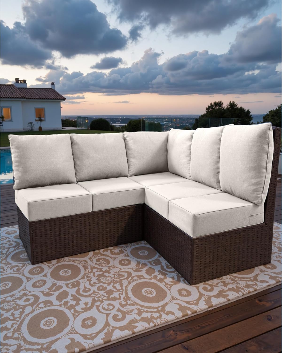 Luxury 24x24x6 Outdoor Cushions for 5-Seat Sectional Sofa Set of 5 - Water-Repellent 11-Piece Patio Cushion Set for Outside Rattan Wicker Loveseat Chair L-Shape Couch - Beige/Classic