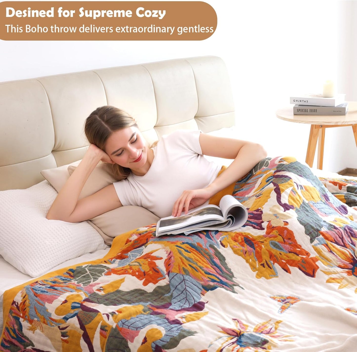 Boho Throw Blanket 60" x 80", 100% Organic Cotton Breathable Lightweight Ultra Soft Bed Quilt Throw - Summer Floral Butterfly Farmhouse Decor Blanket for Sofa Couch Chair and Gift.