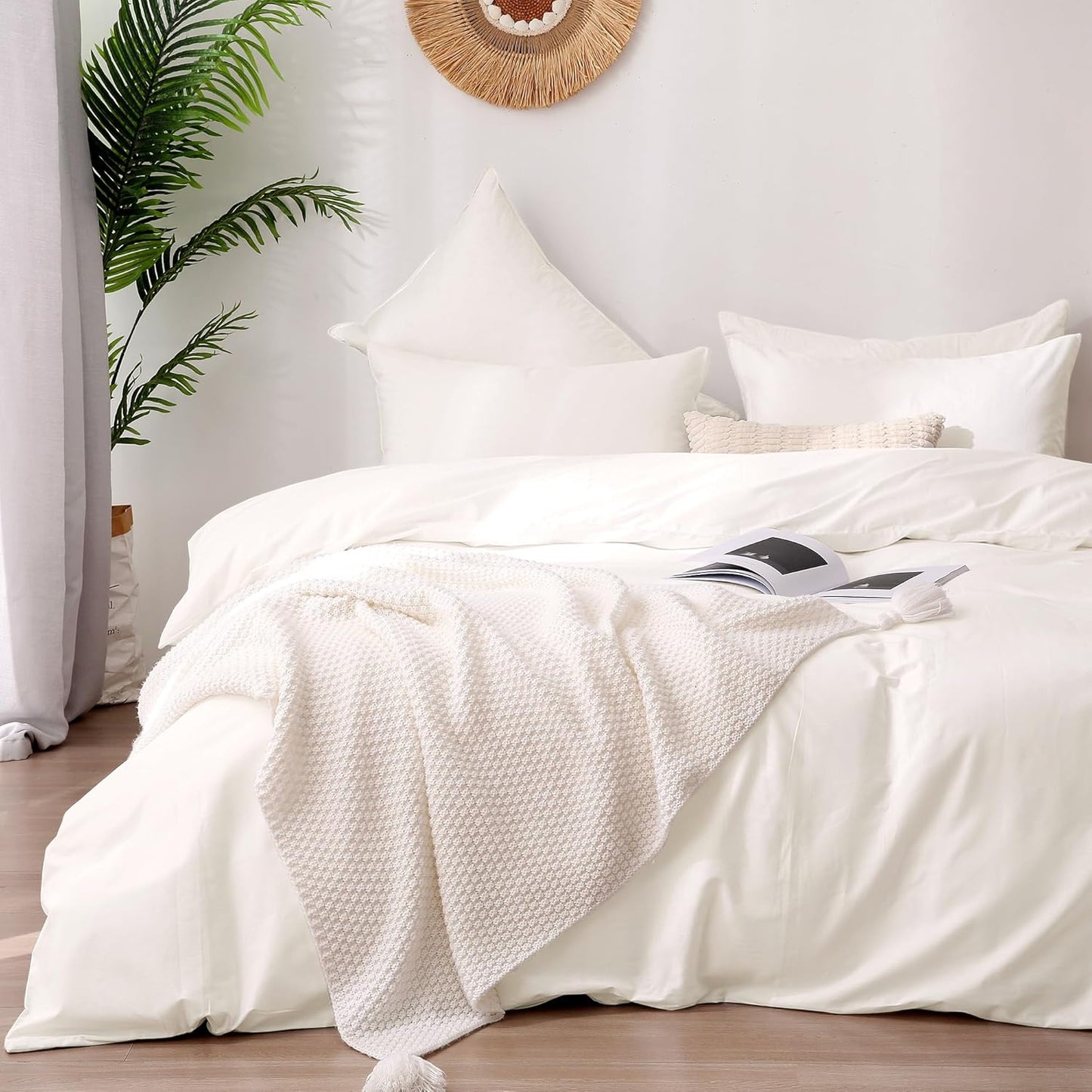 ATsense Duvet Cover King Size, 100% Washed Cotton Linen Feel Super Soft Comfortable, 3-Piece White Duvet Cover Bedding Set, Long-Lasting and Easy Care, Simple Style Farmhouse Comforter Cover