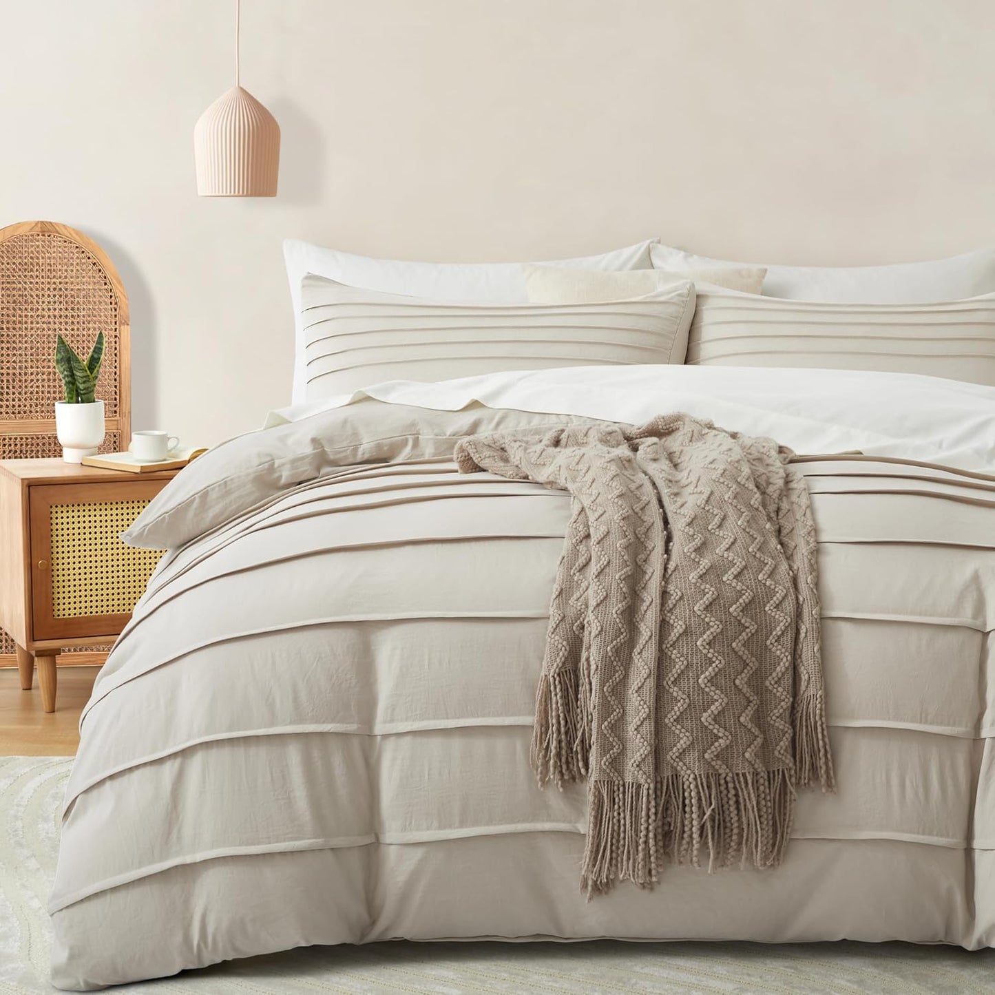Oli Anderson Beige Duvet Cover Queen Size - Pleated Queen Duvet Cover, 3PCS Soft and Breathable Textured Bedding Set with Zipper Closure(Beige,90"x90")